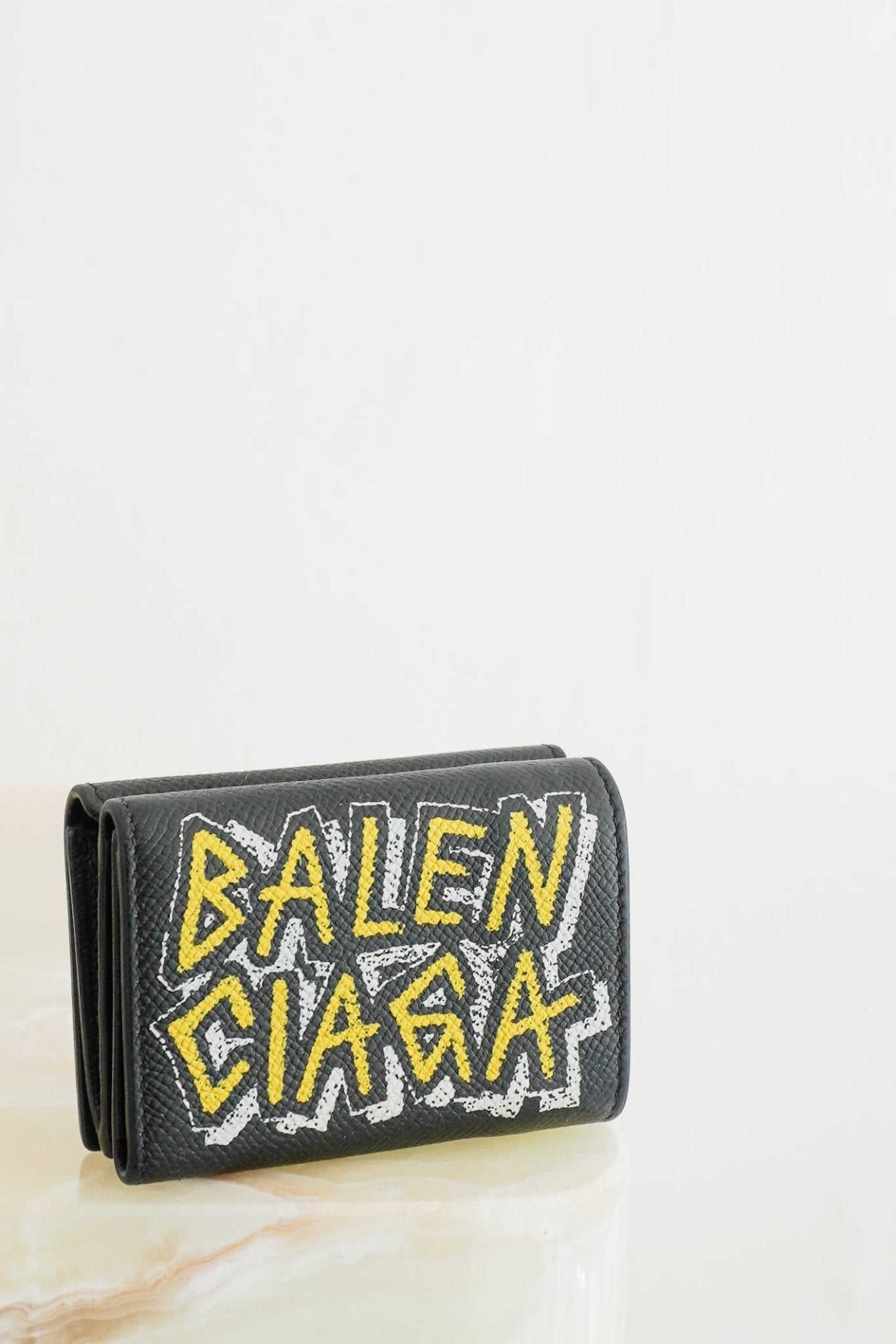 Balenciaga Paris Graffiti Paper Mini Trifold Wallet Black Leather (RRP
