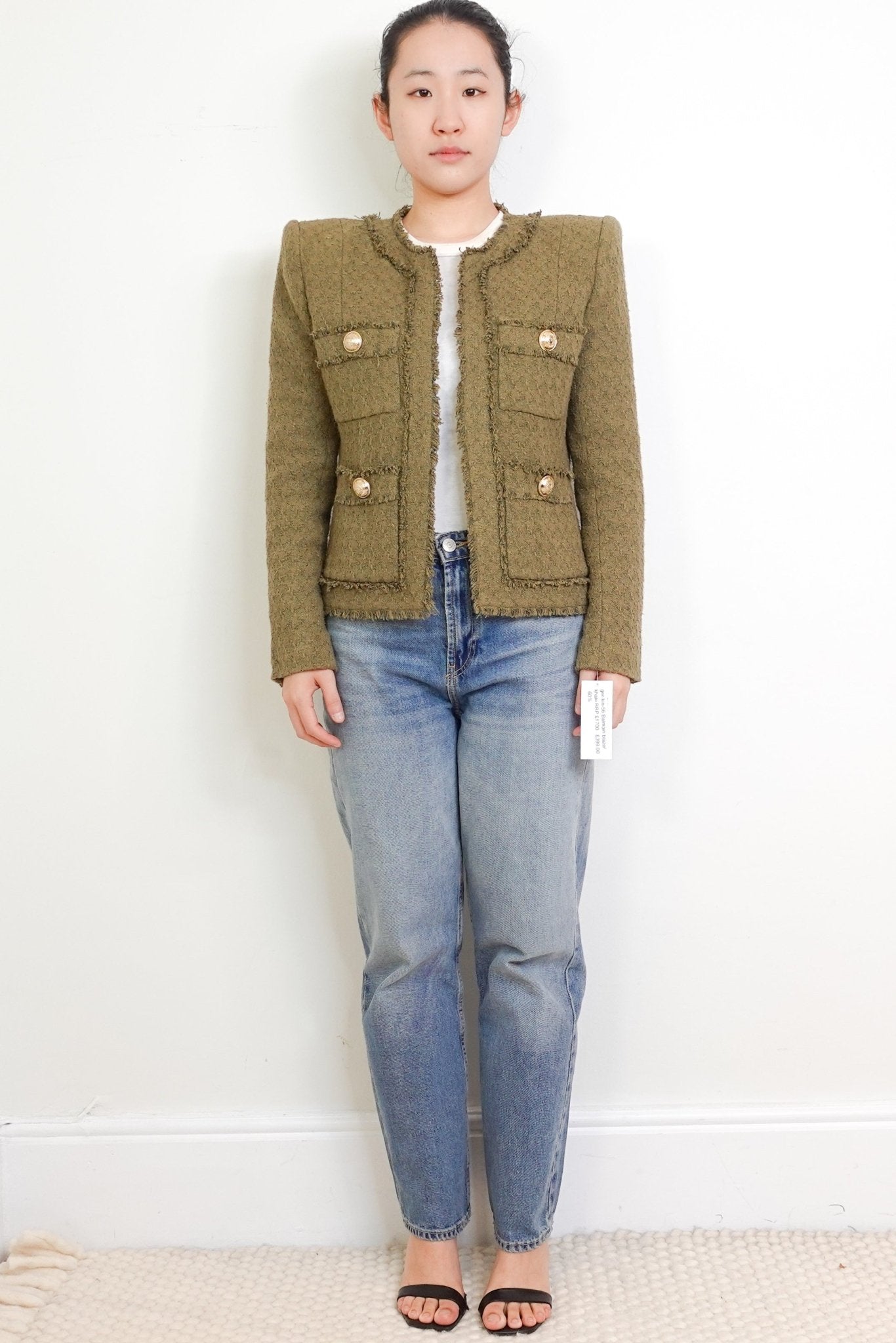 Balmain Khaki Green Frayed Boucle Blazer RRP £1700 | Authentic Preloved - Reloved Again