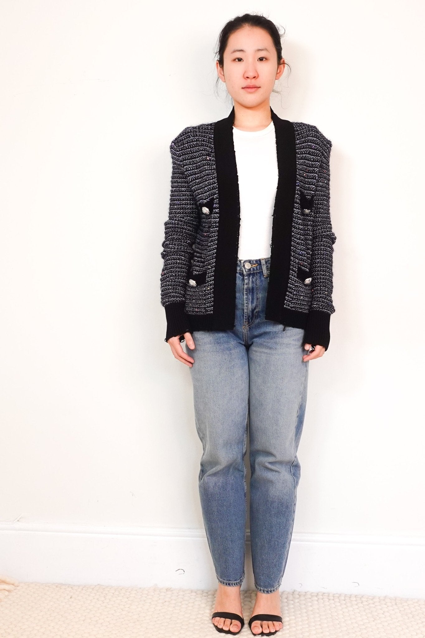 Balmain Navy Glitter Knitted Padded Shoulder Cardigan RRP £1200 | Authentic Preloved - Reloved Again