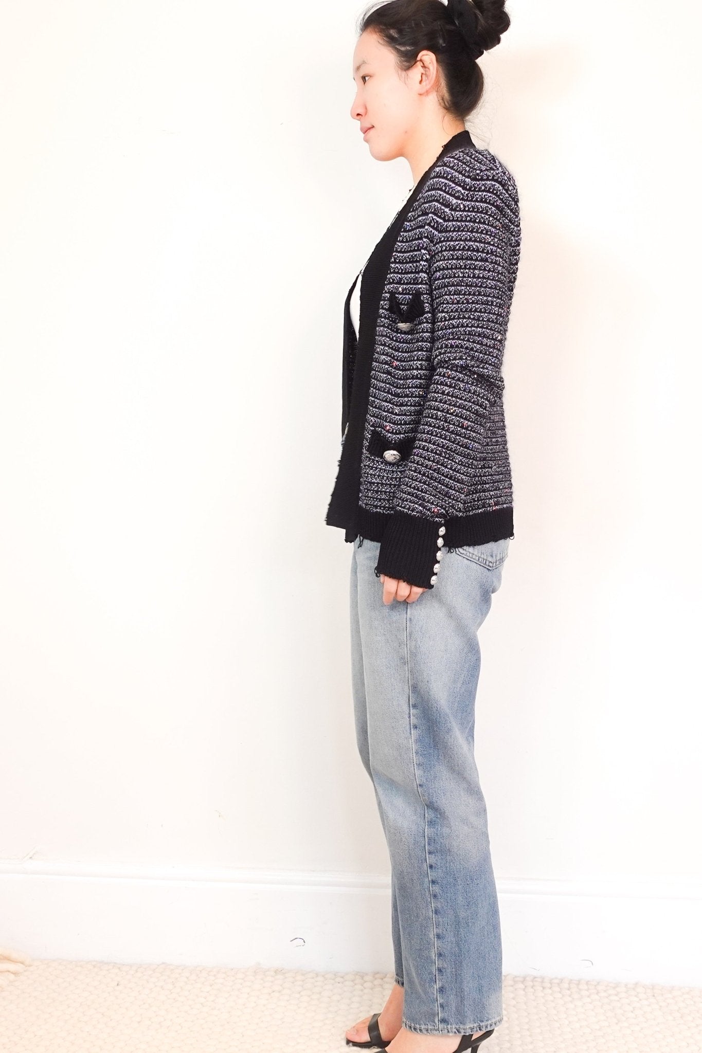 Balmain Navy Glitter Knitted Padded Shoulder Cardigan RRP £1200 | Authentic Preloved - Reloved Again
