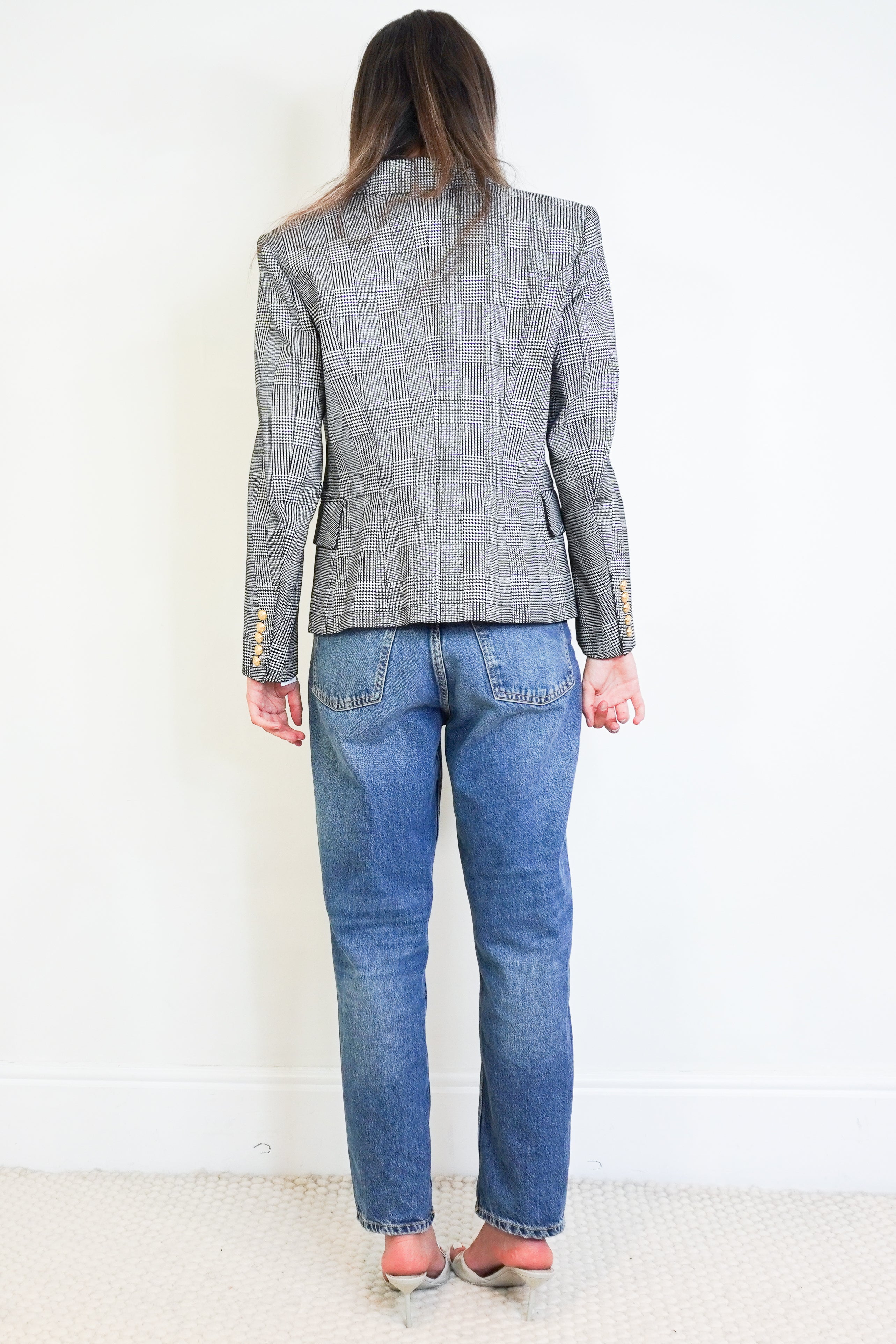 Balmain Black &amp; White Houndstooth Double-Breasted Blazer back photo chelsea london