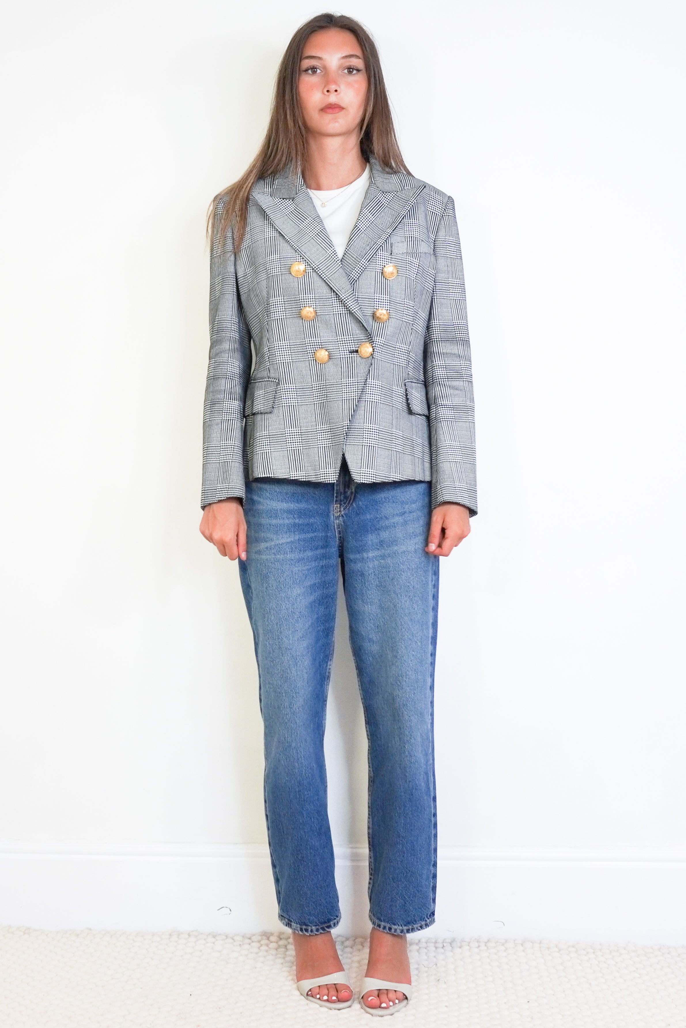 Balmain Black &amp; White Houndstooth Double-Breasted Blazer front photo chelsea london