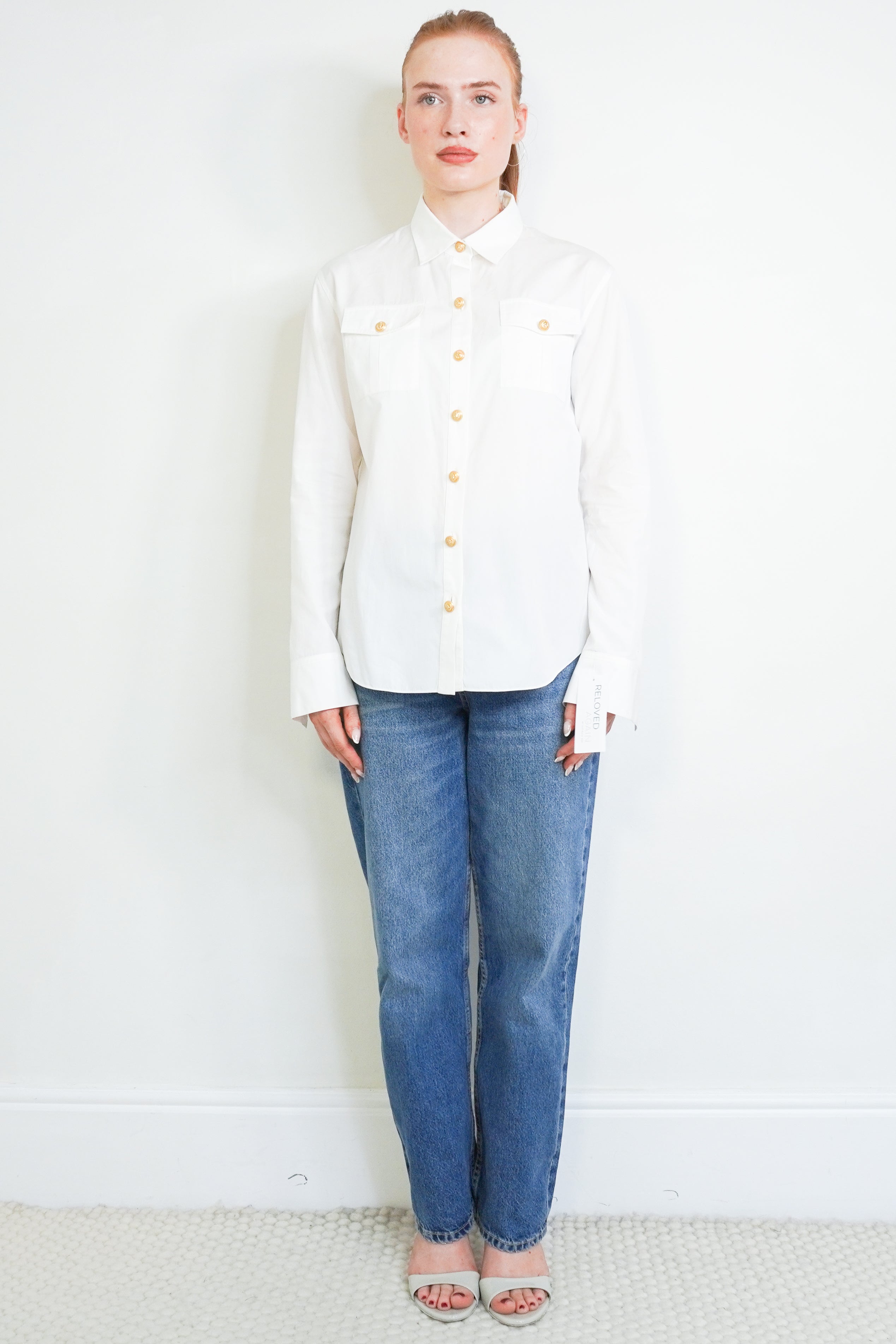 Balmain White Cotton Shirt with Gold Button Detailing front photo chelsea london