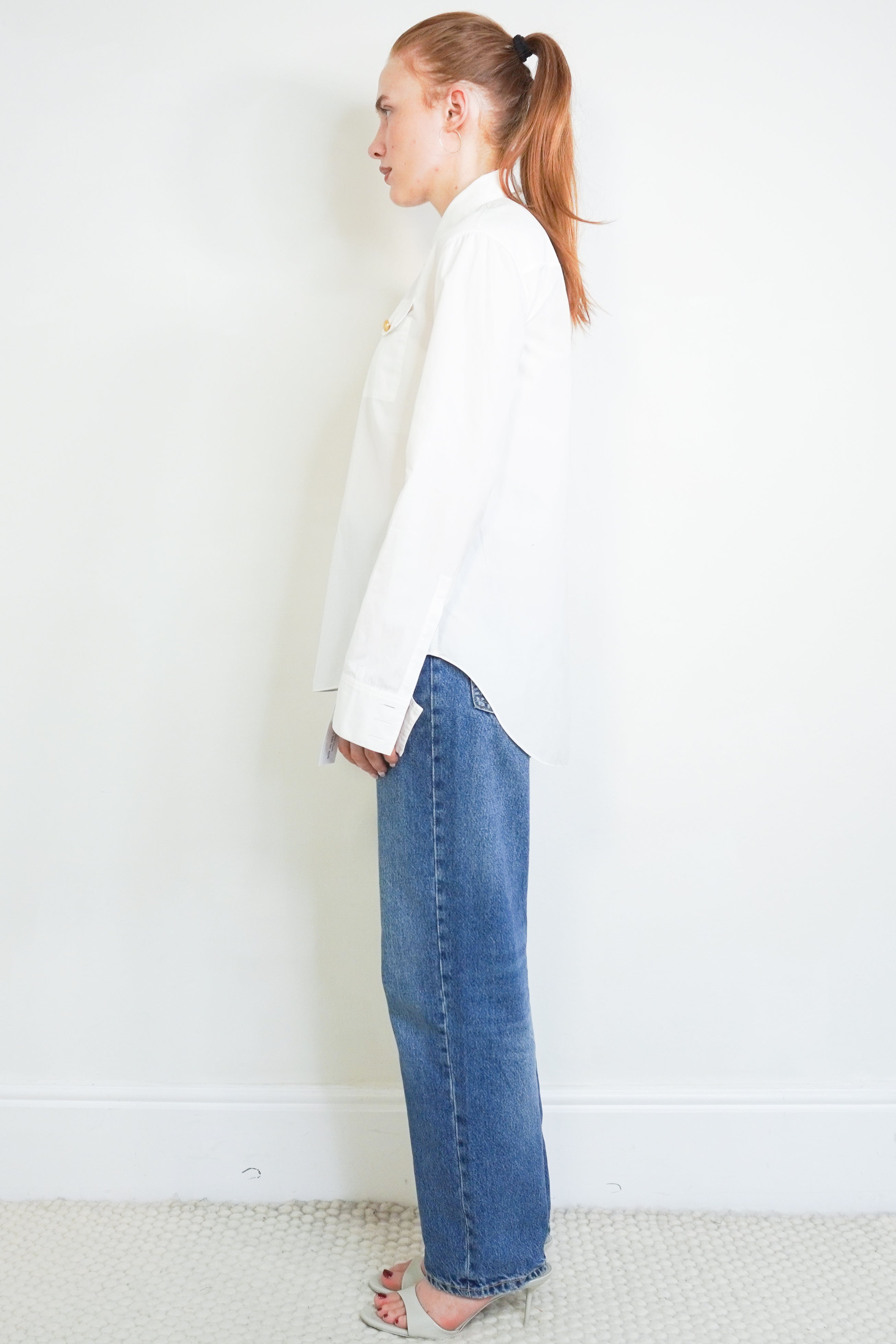Balmain White Cotton Shirt with Gold Button Detailing side photo chelsea london