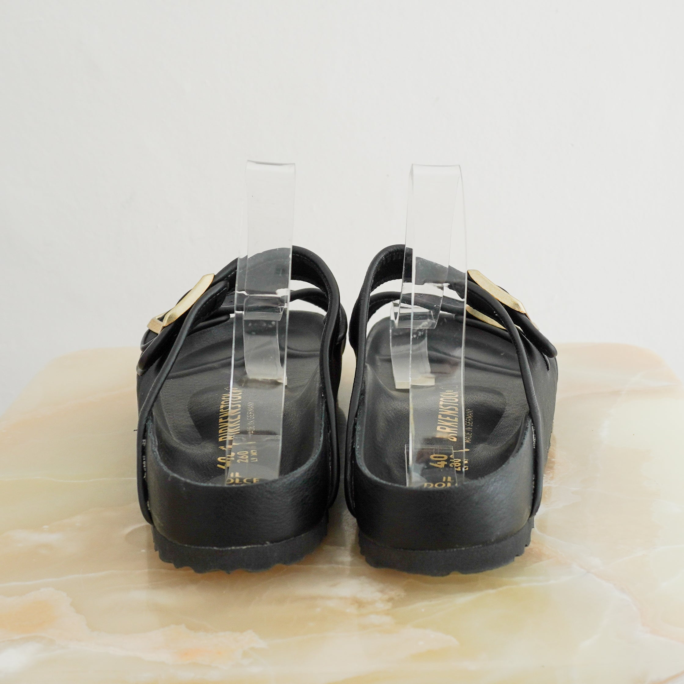Birkenstock x Il Dolce Far Niente Arizona Satin Sandals Black & Gold back photo chelsea london