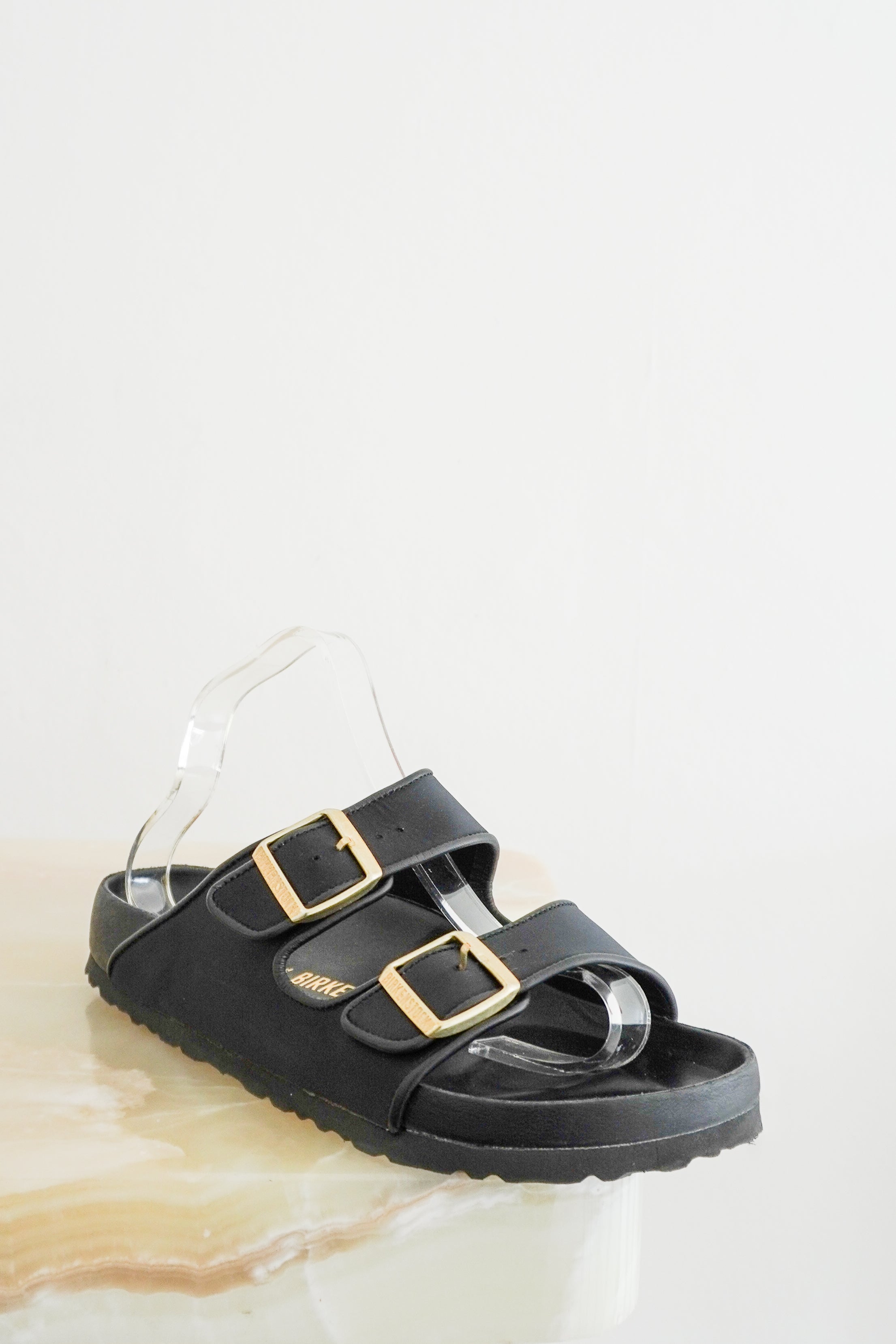 Birkenstock x Il Dolce Far Niente Arizona Satin Sandals Black & Gold front photo chelsea london