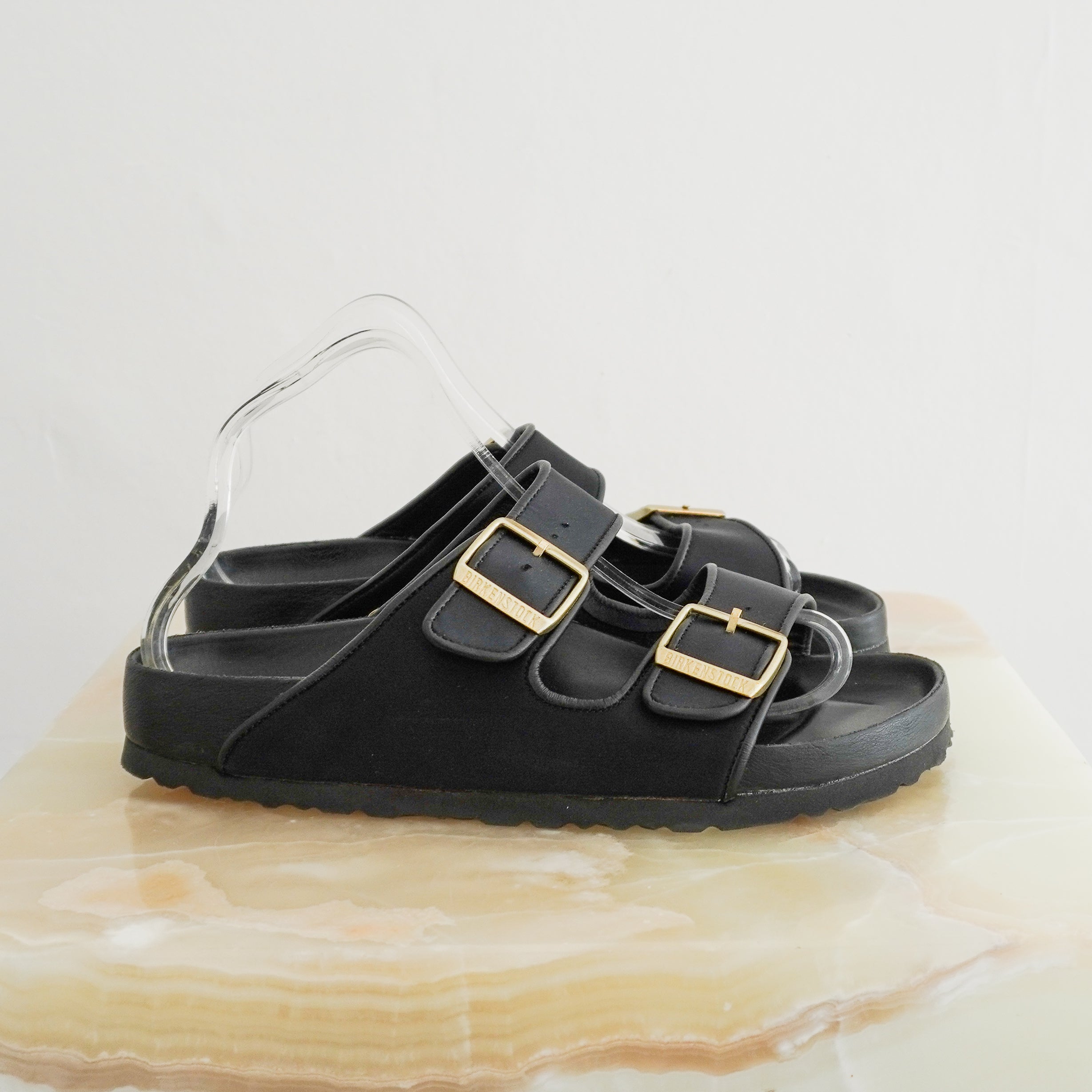 Birkenstock x Il Dolce Far Niente Arizona Satin Sandals Black & Gold side photo chelsea london