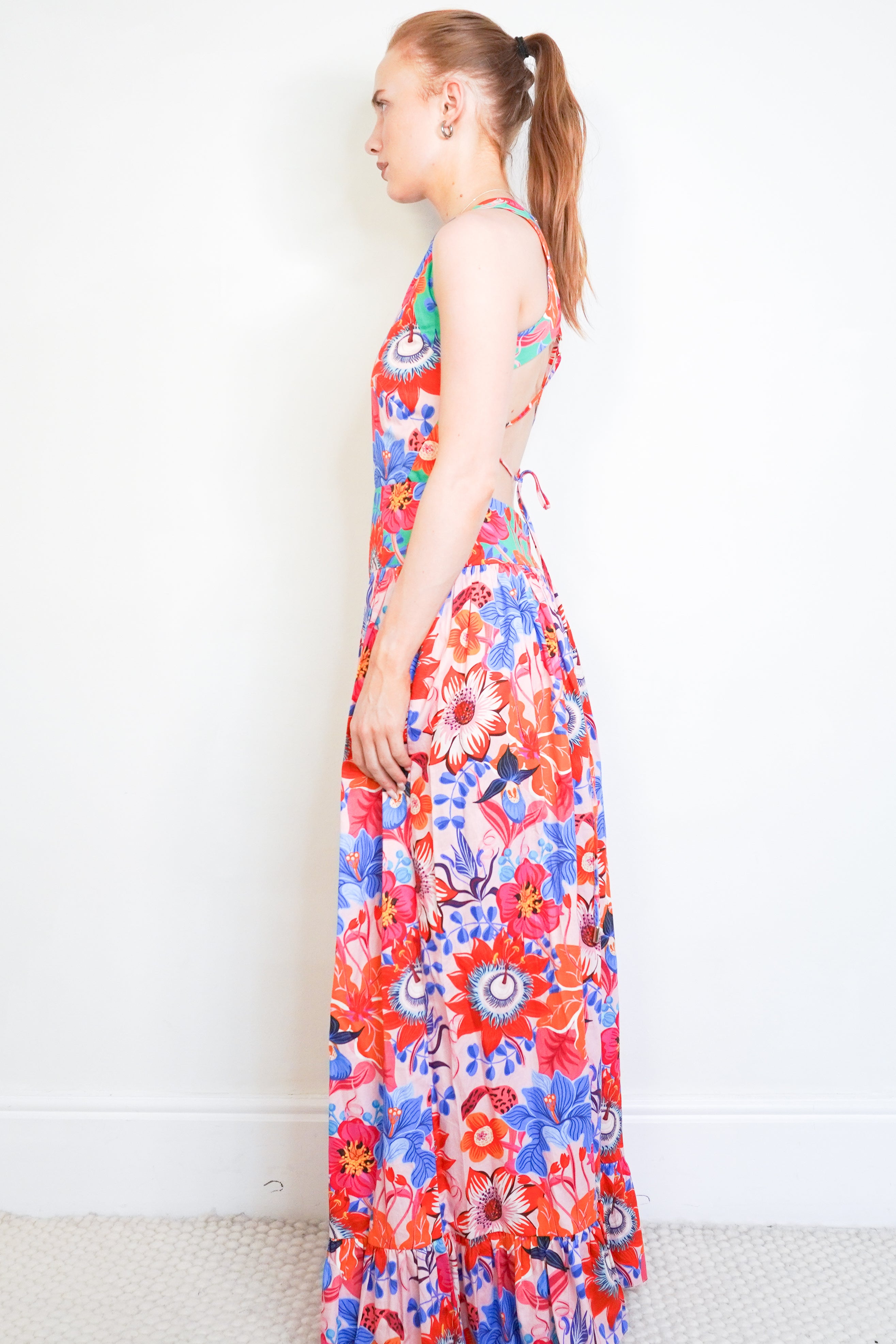 Borgo de Nor Amara Open-Back Floral Cotton Maxi Dress side photo chelsea london