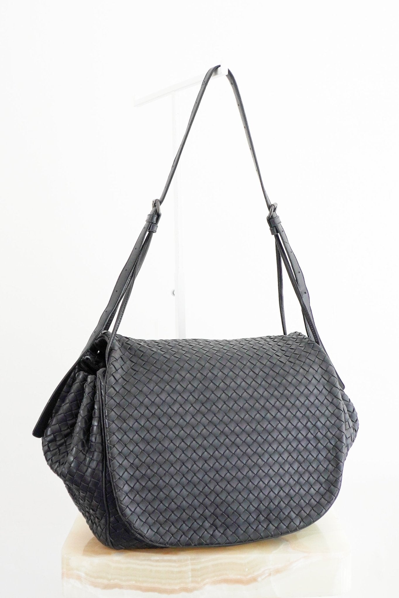 Bottega-Veneta-Intrecciato-Leather-Flap-Messenger-Bag-in-Black-front-picture-Chelsea-London