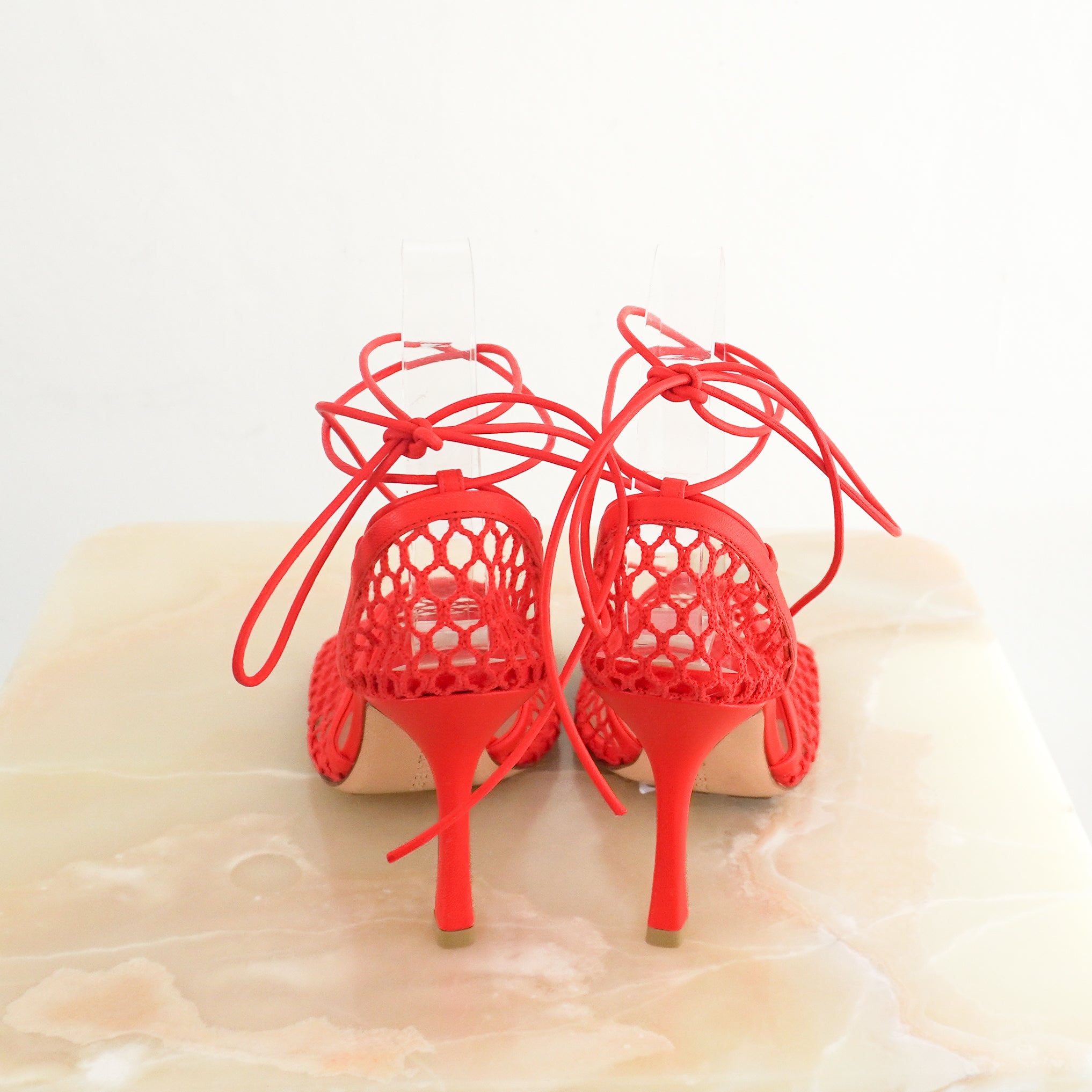 Bottega Veneta Stretch Lace-Up Leather-Trimmed Mesh Pumps in Red back photo chelsea london