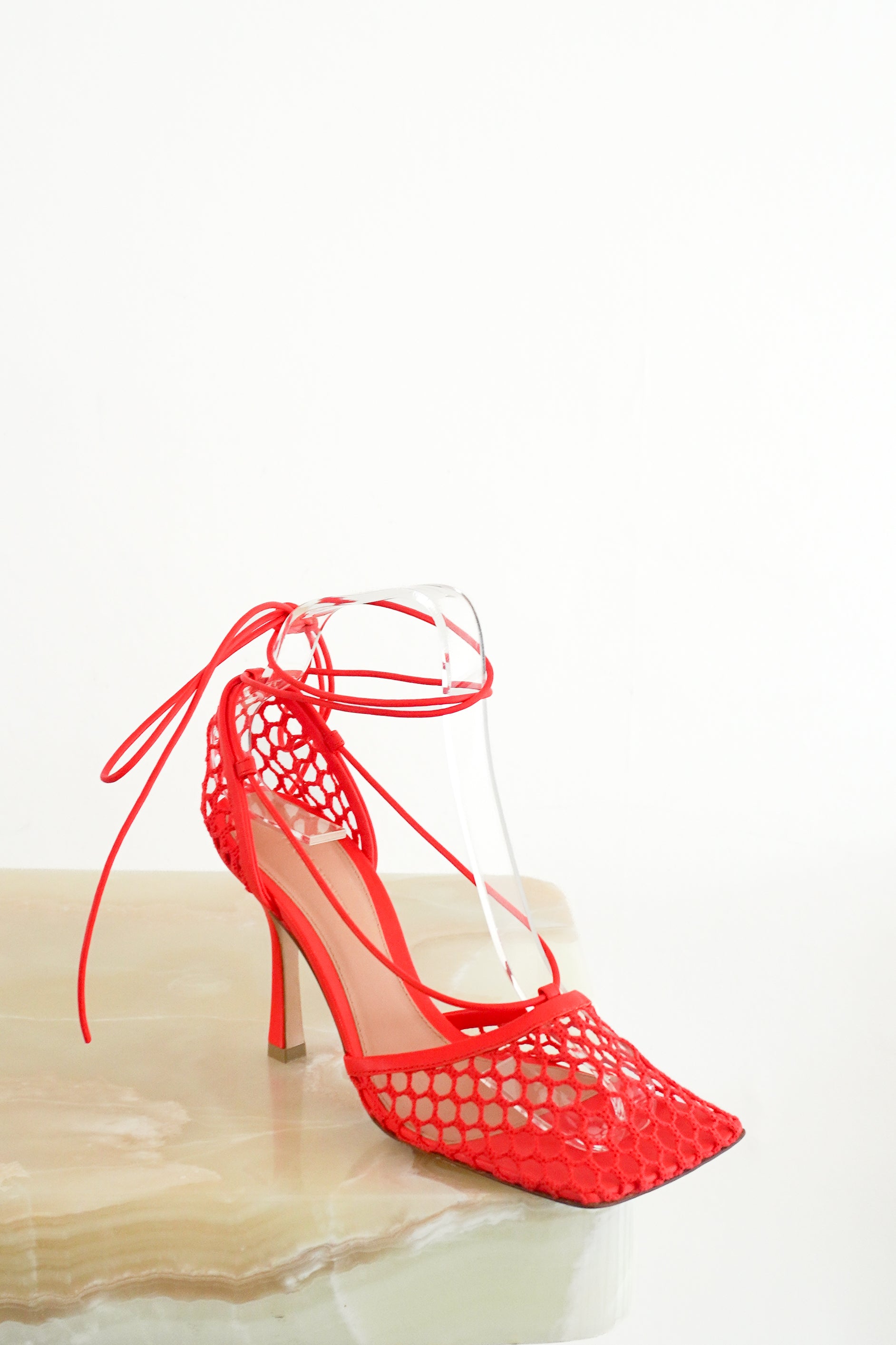 Bottega Veneta Stretch Lace-Up Leather-Trimmed Mesh Pumps in Red front photo chelsea london