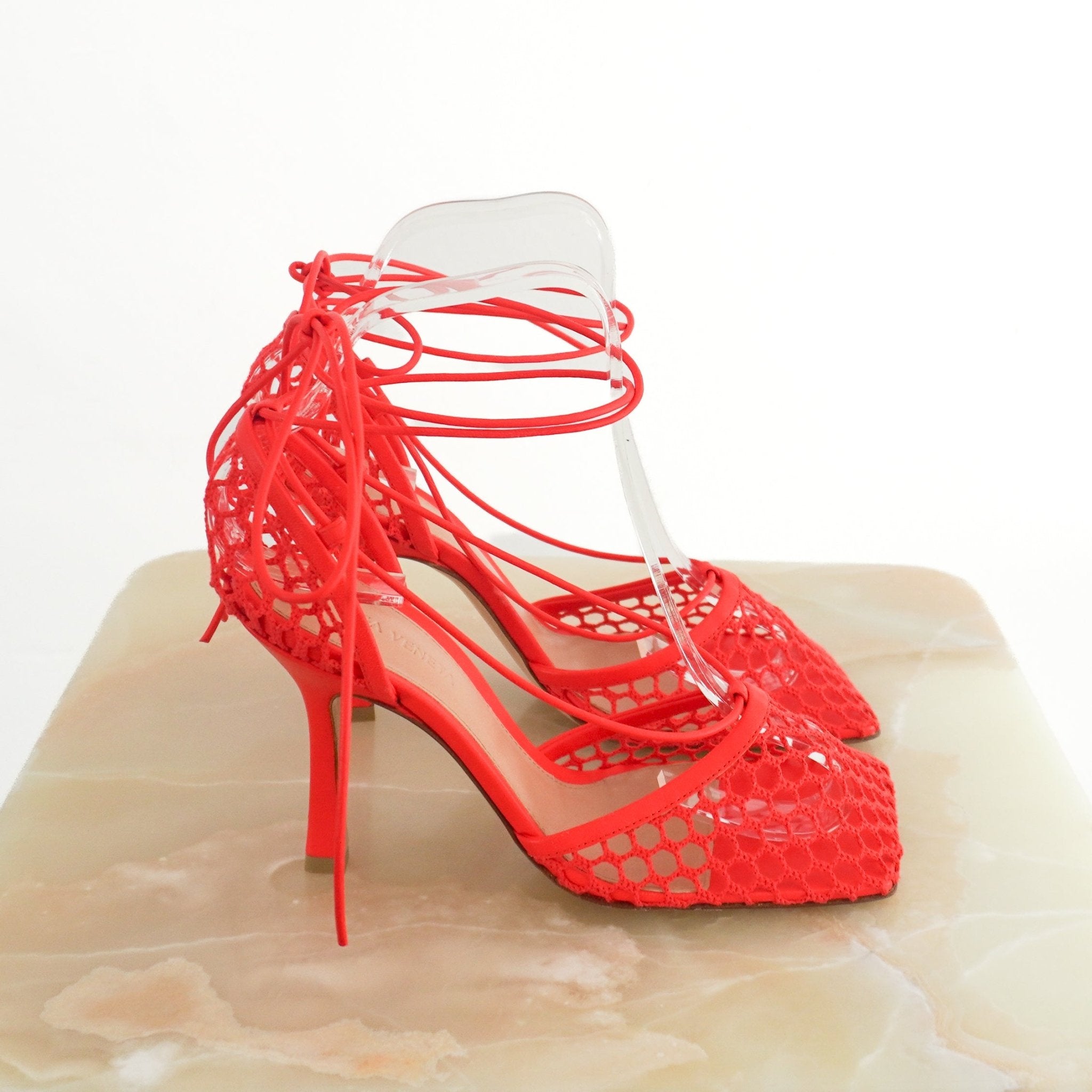 NEW Bottega Veneta Stretch Lace-Up Leather-Trimmed Mesh Pumps in Red (RRP £770) | Authentic Preloved - Reloved Again
