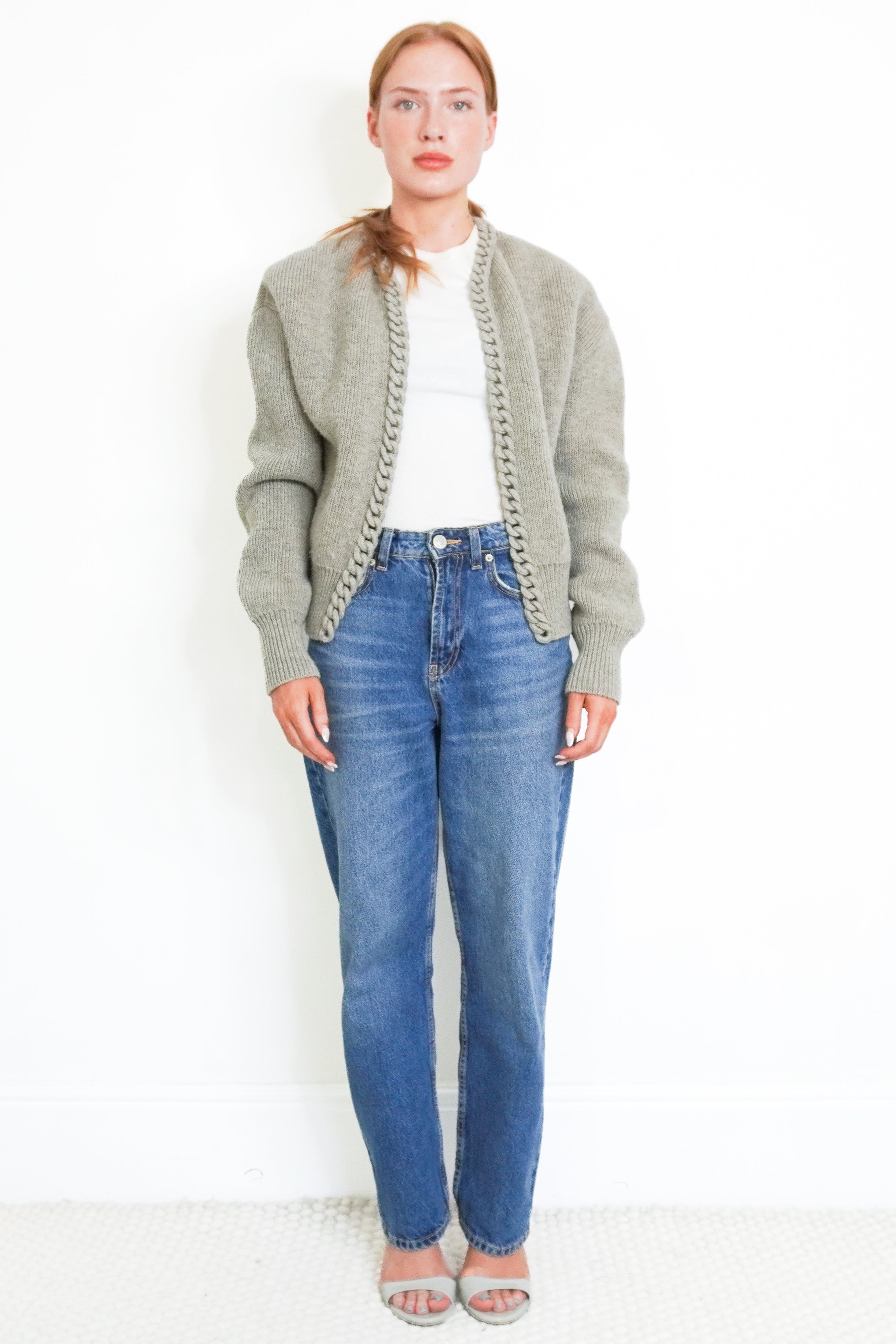 Bottega Veneta Wool Chain Cardigan in Cement Melange front photo chelsea london