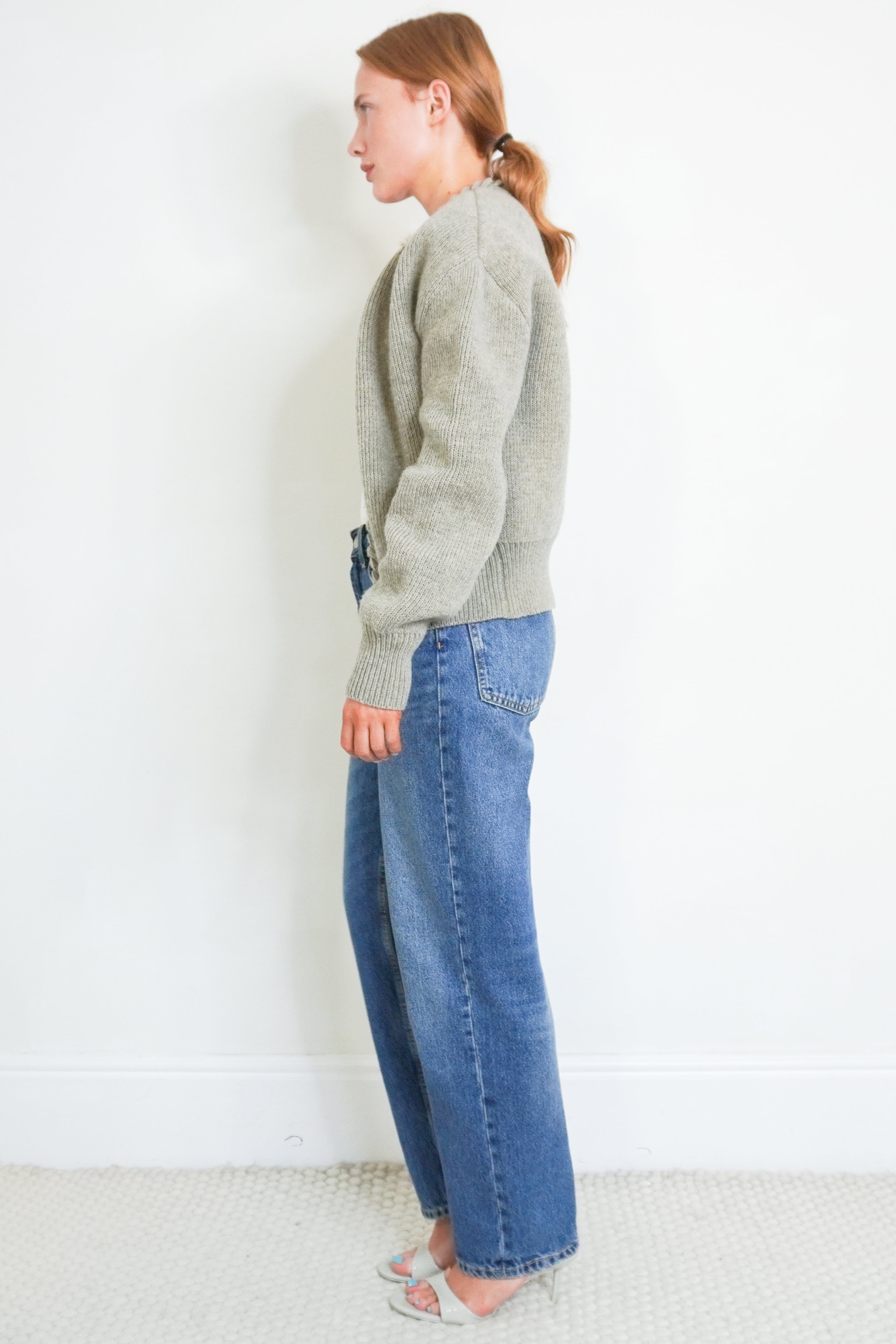 Bottega Veneta Wool Chain Cardigan in Cement Melange side photo chelsea london