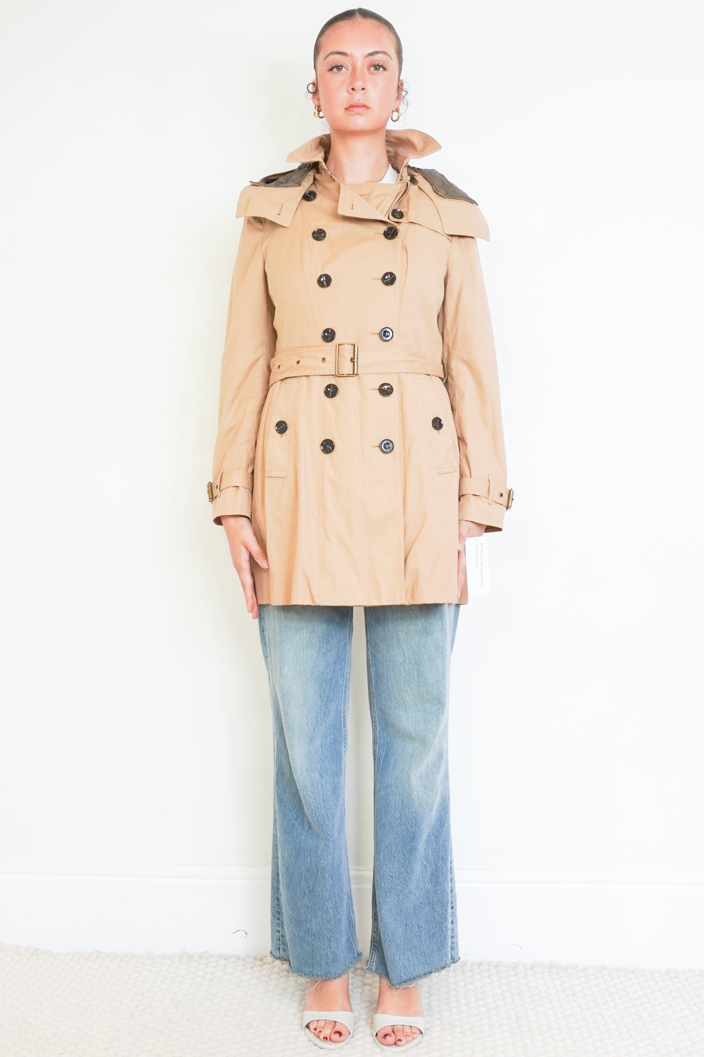 Front photo of a Burberry Beige Amberford Heritage Hooded Coat 