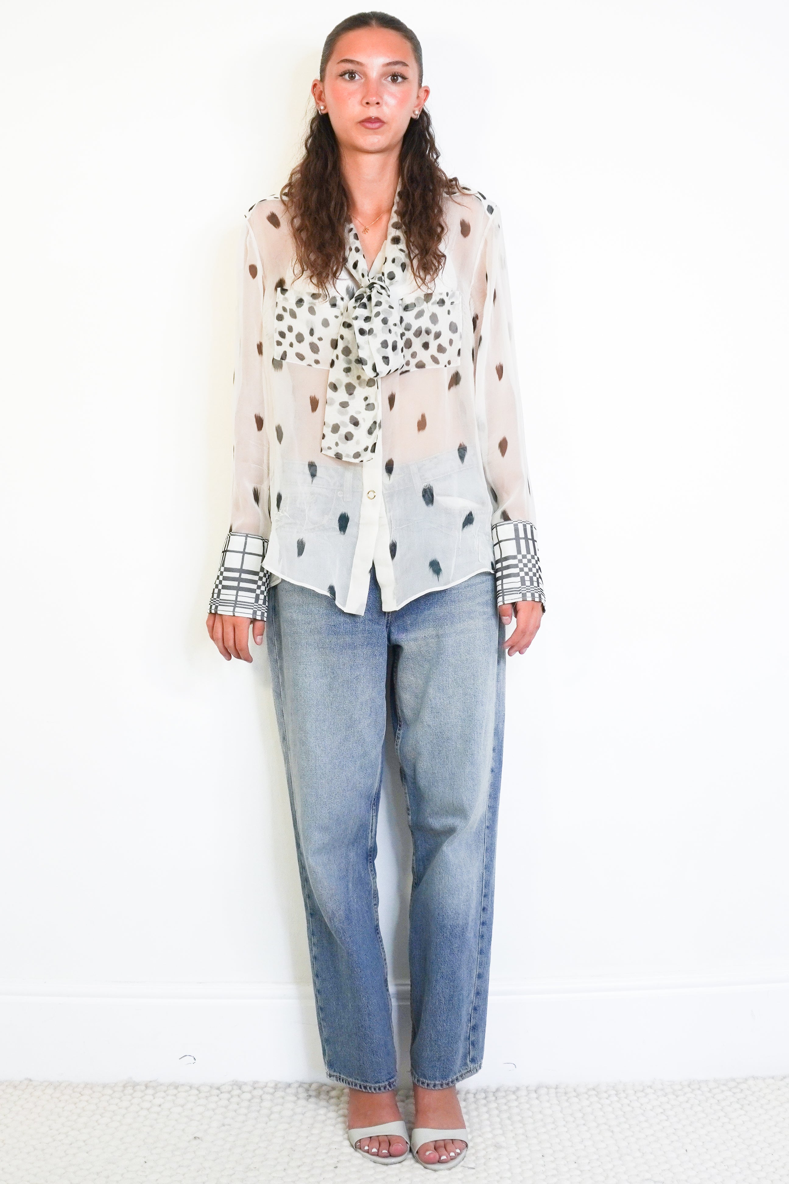Burberry Dalmatian & Check Print Mulberry Silk Blouse front photo chelsea london