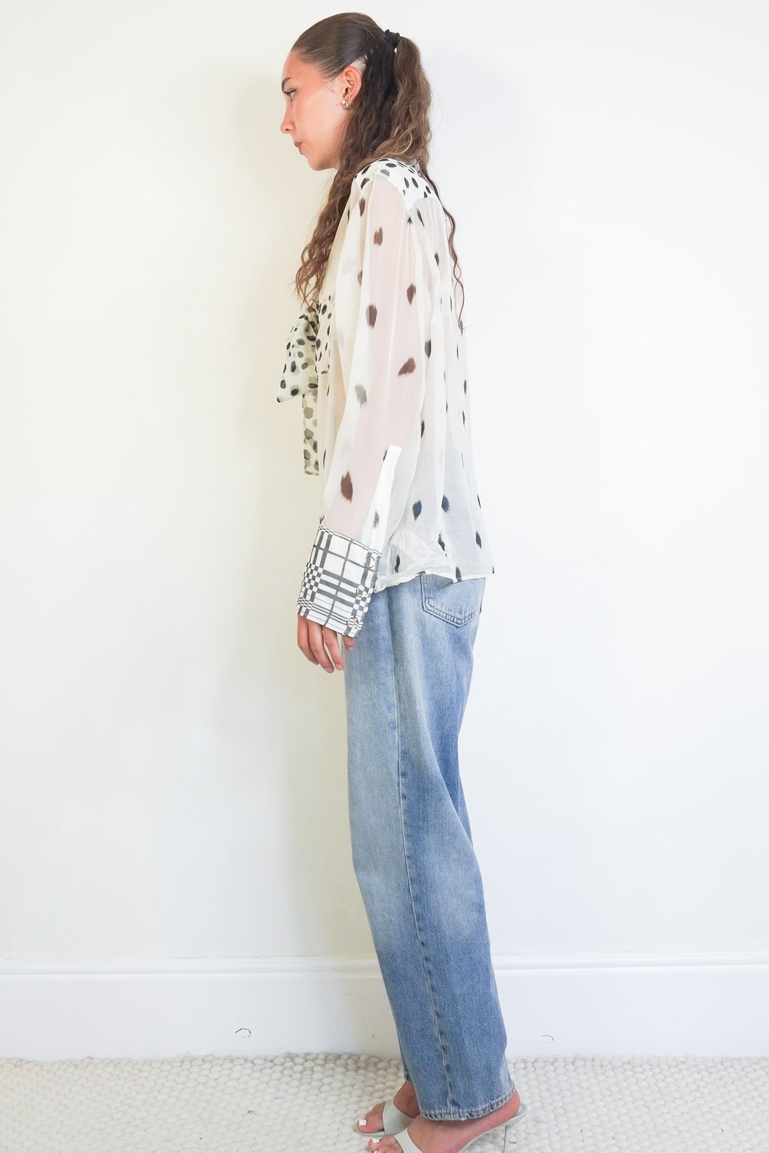Burberry Dalmatian & Check Print Mulberry Silk Blouse side photo chelsea london