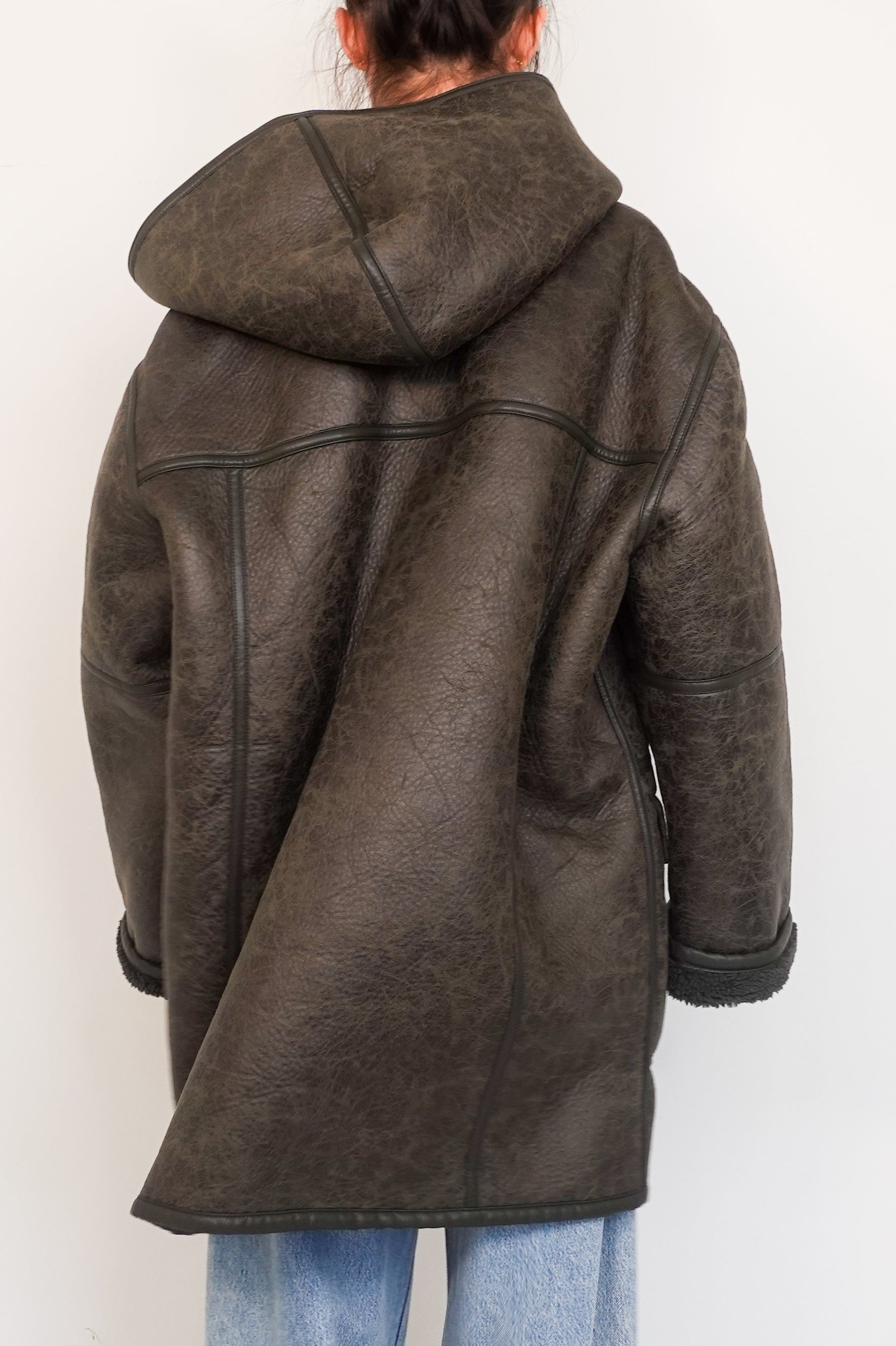 Vegan leather aviator style hooded coat RRP £550