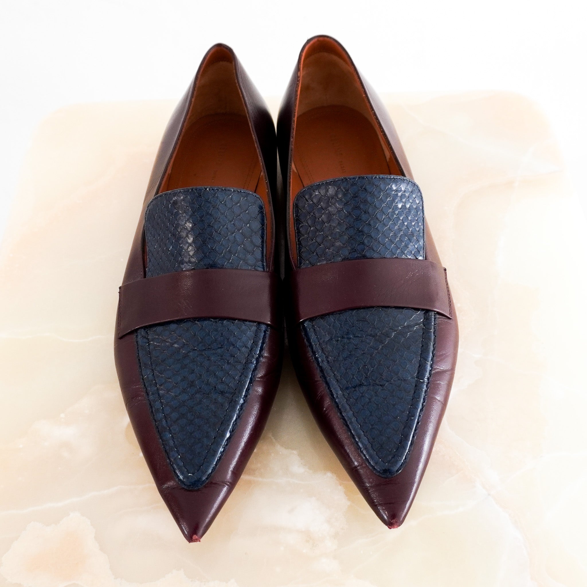 CELINE-Brown-And-Navy-Pointed-Loafers-front-photo