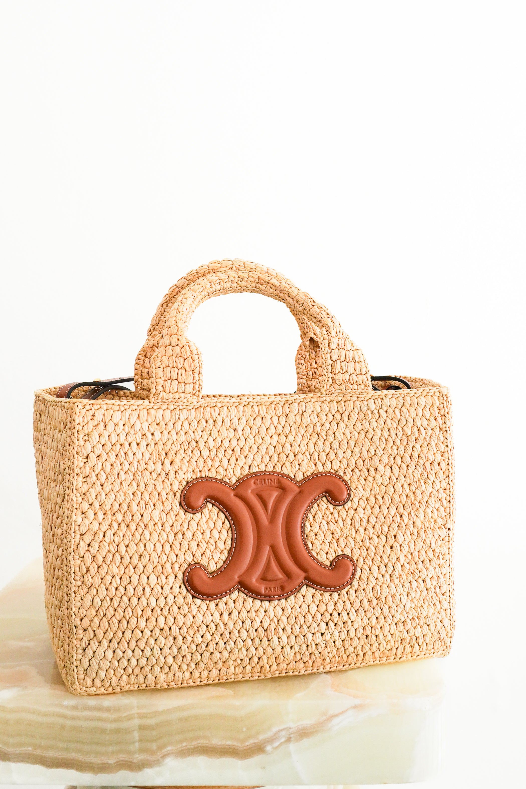 CELINE Small Cabas Thaïs in Raffia &amp; Calfskin – Tan front photo chelsea london