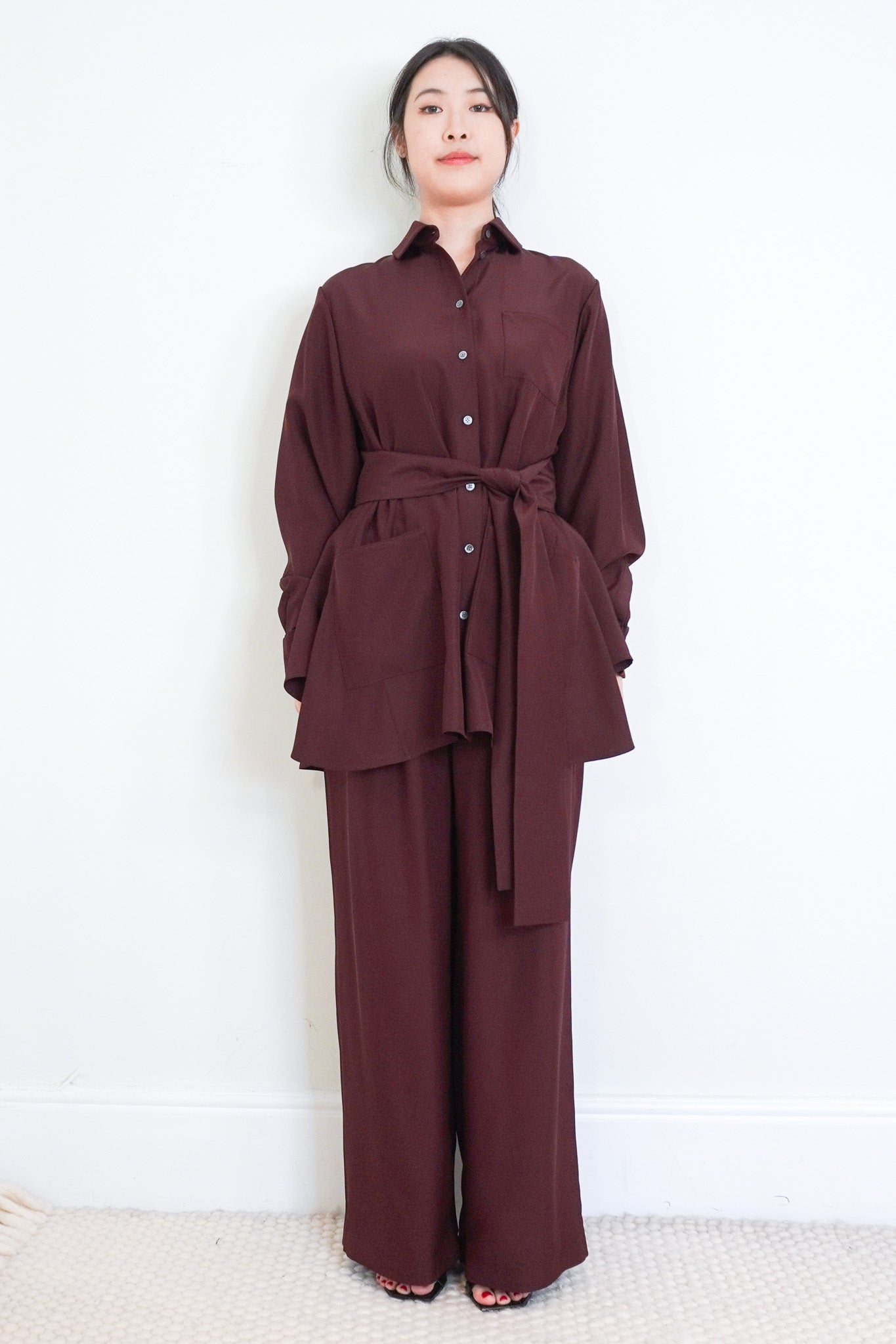 CURRENT-SEASON-Loewe-Burgundy-Belted-Blouse-in-Silk-front-picture-chelsea-london