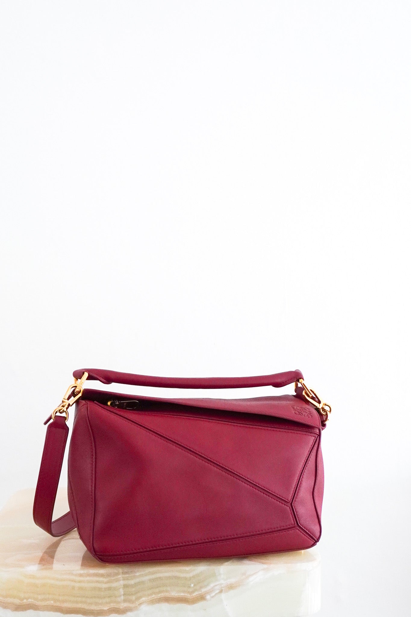 CURRENT SEASON Loewe Small Leather Featherlight Puzzle Top - Handle Bag in Burgundy RRP £3250 | Authentic Preloved - Reloved Again