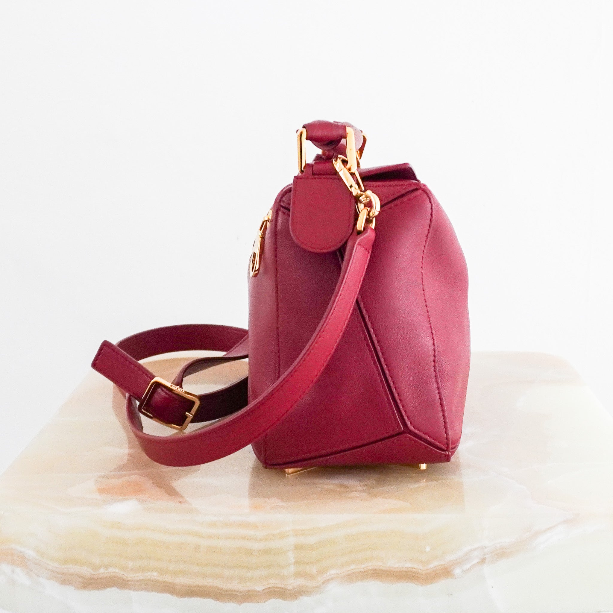 CURRENT SEASON Loewe Small Leather Featherlight Puzzle Top - Handle Bag in Burgundy RRP £3250 | Authentic Preloved - Reloved Again