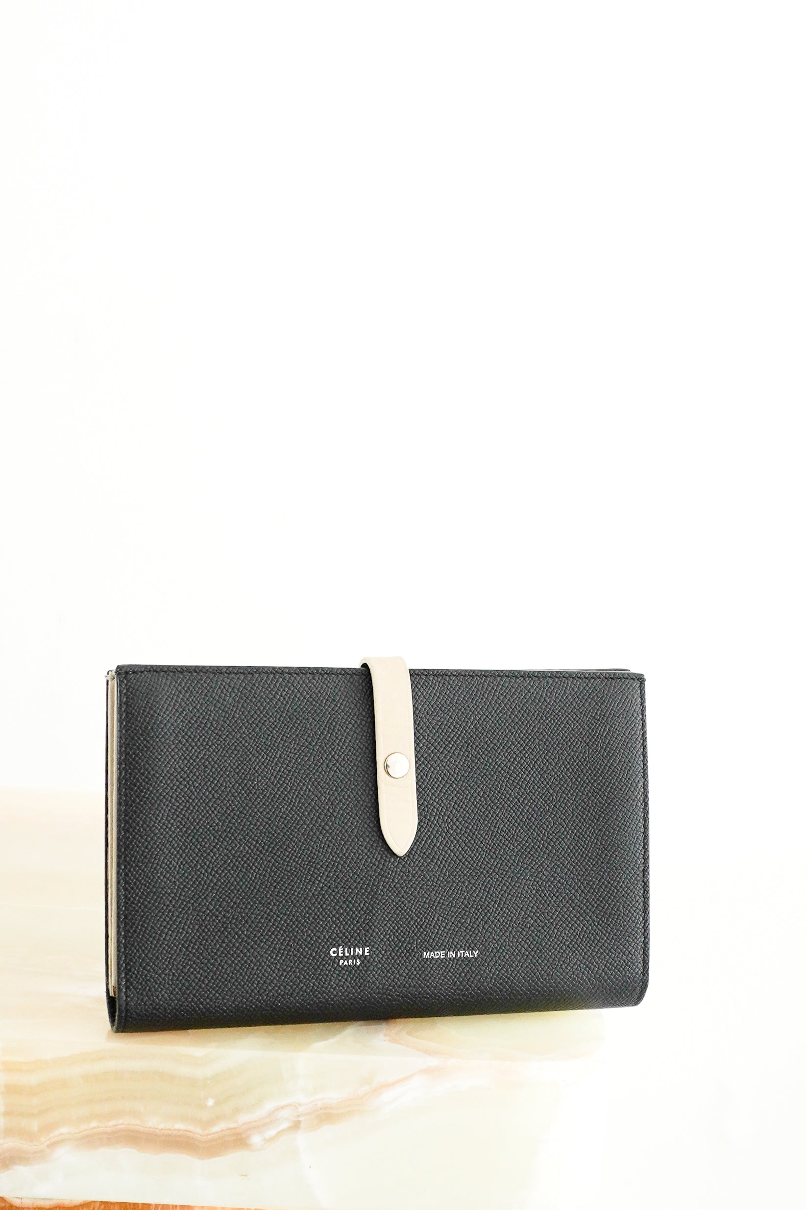 Celine-Black-and-Beige-Large-Strap-Wallet-front-picture-Chelsea-London