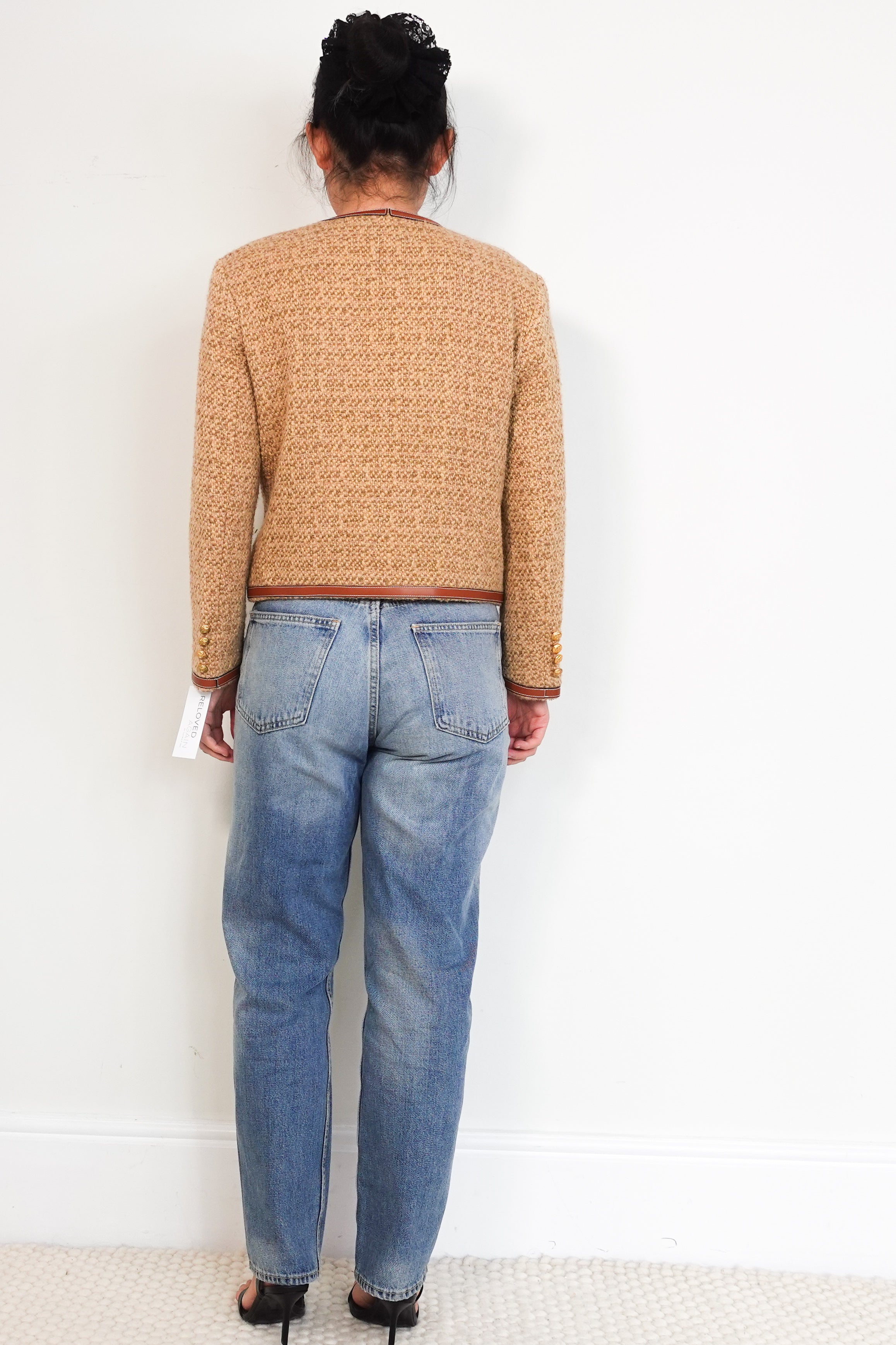 Celine-Brown-Leather-Trim-Boucle-Blazer-Jacket-back-picture-Chelsea-London
