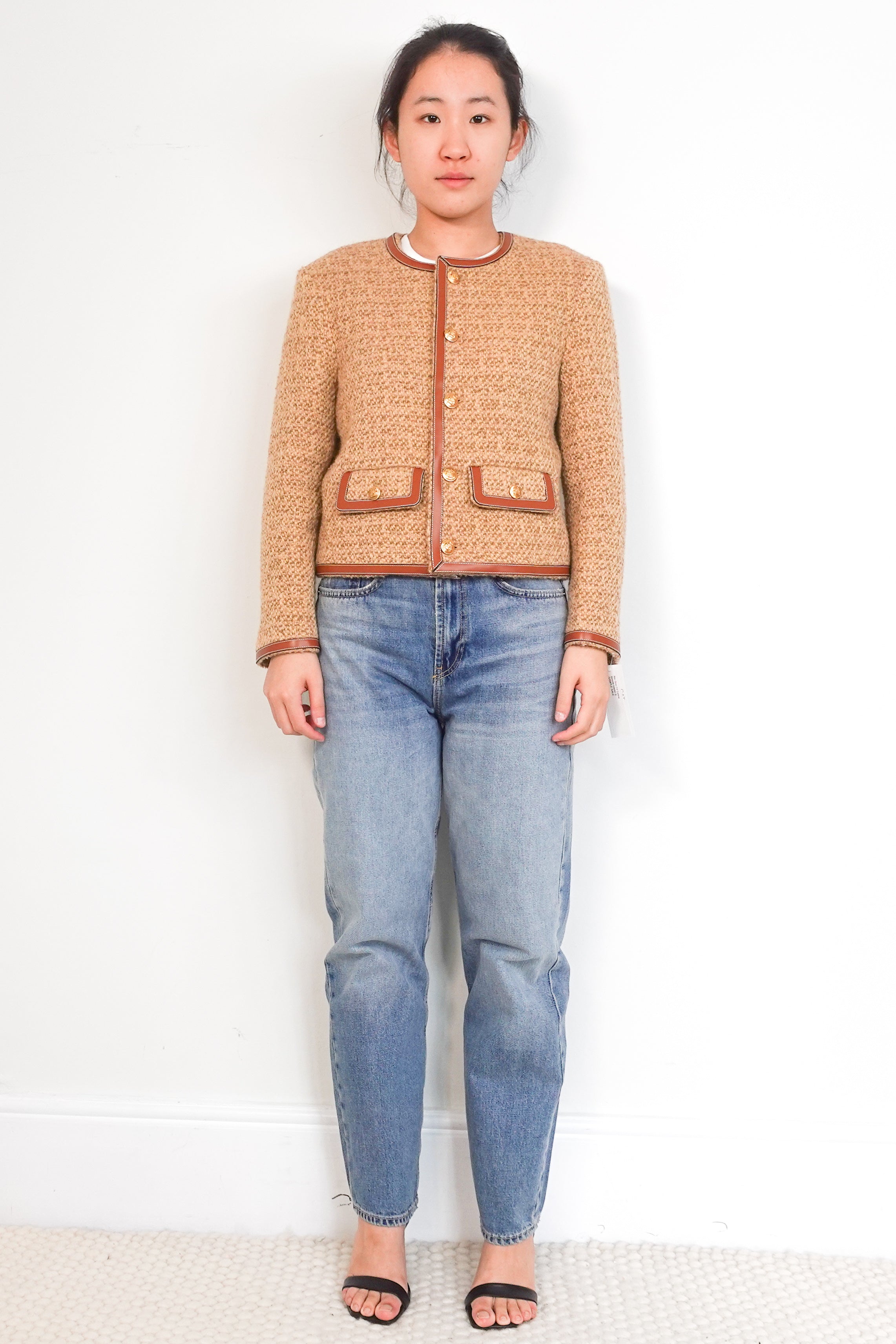 Celine-Brown-Leather-Trim-Boucle-Blazer-Jacket-front-picture-Chelsea-London