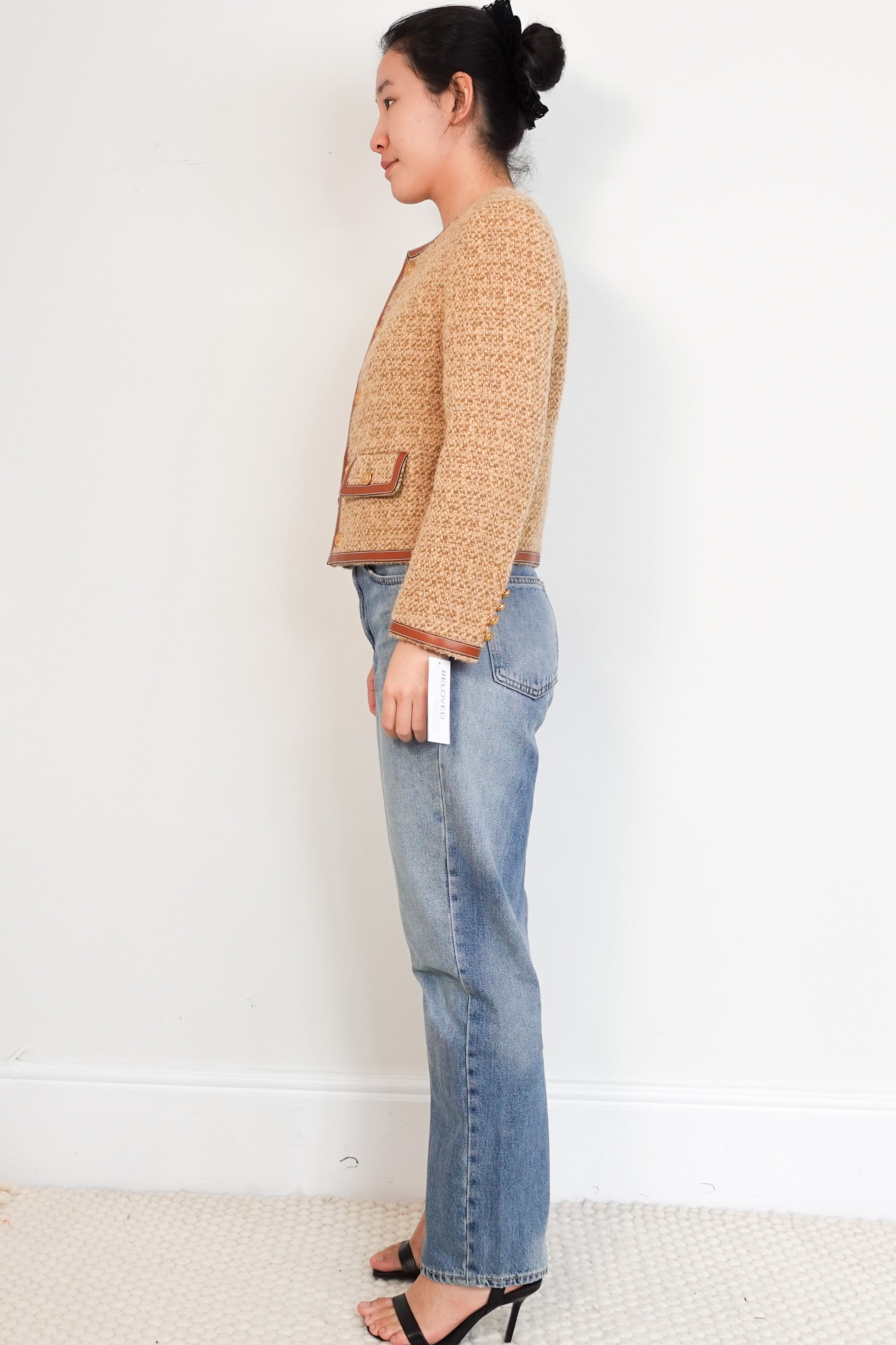 Celine-Brown-Leather-Trim-Boucle-Blazer-Jacket-side-picture-Chelsea-London