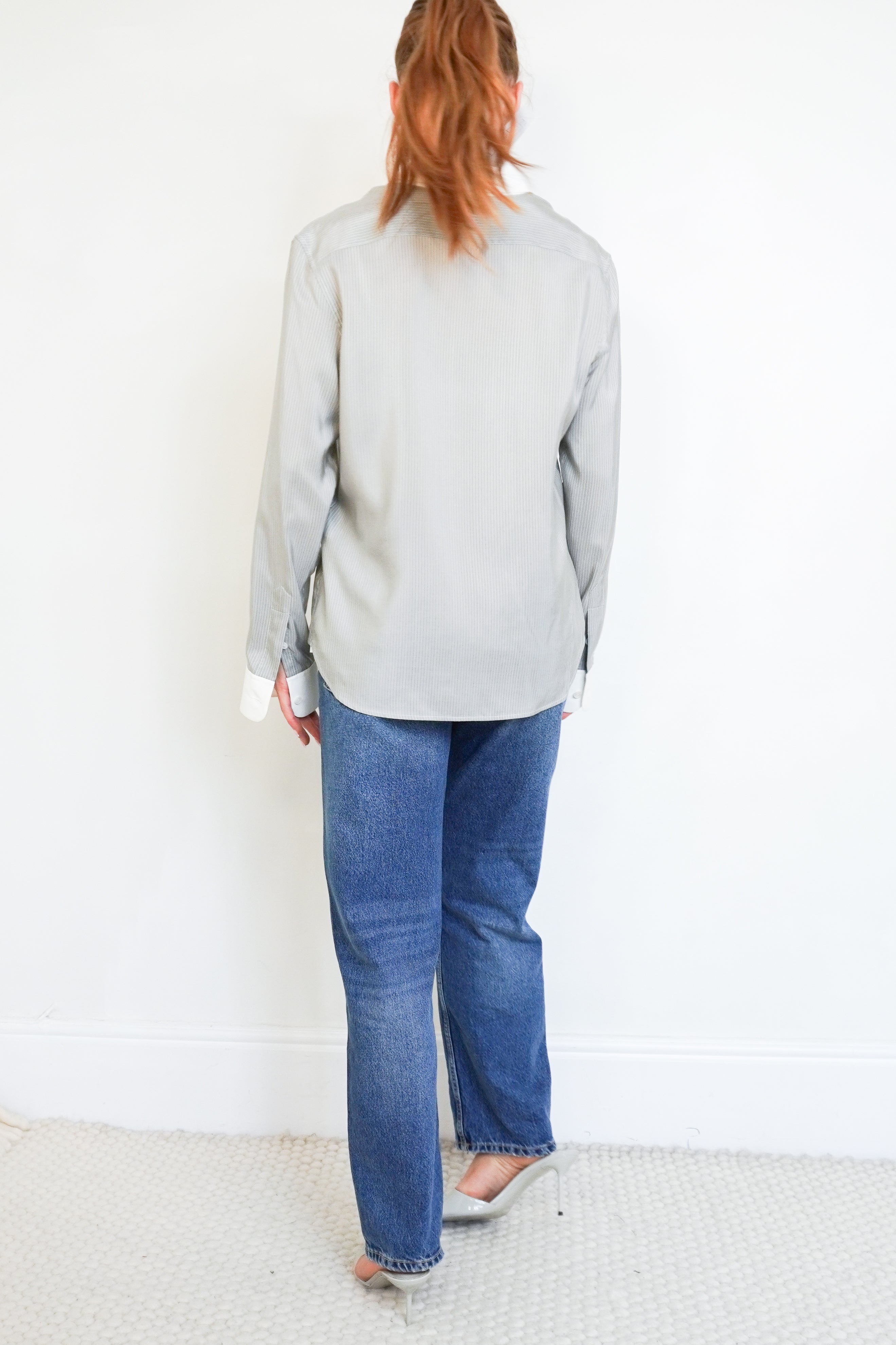 Back picture of Celine silk shirt, showing the pinstripes.