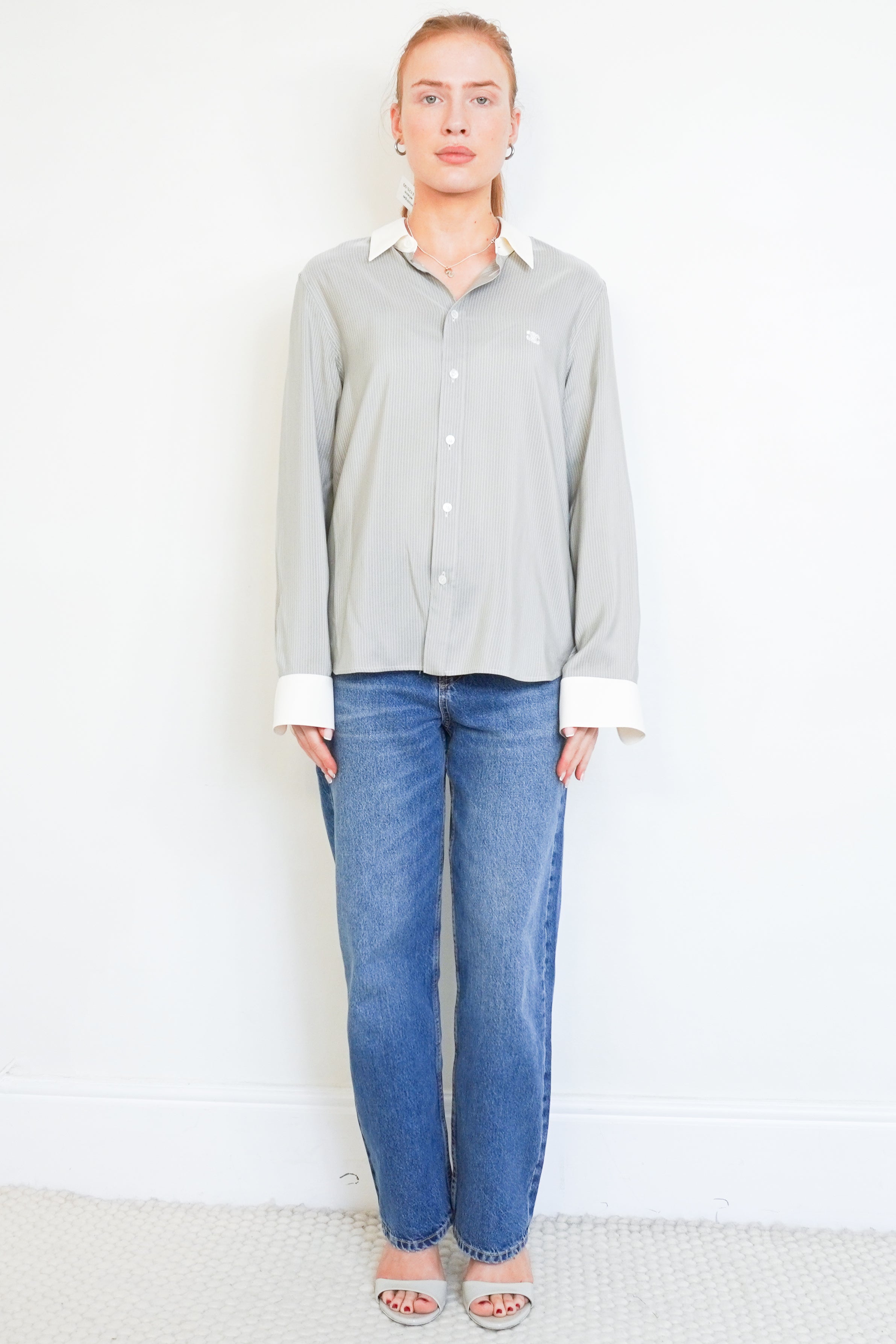 Front picture of Celine silk shirt, showing the collar and button fastening.