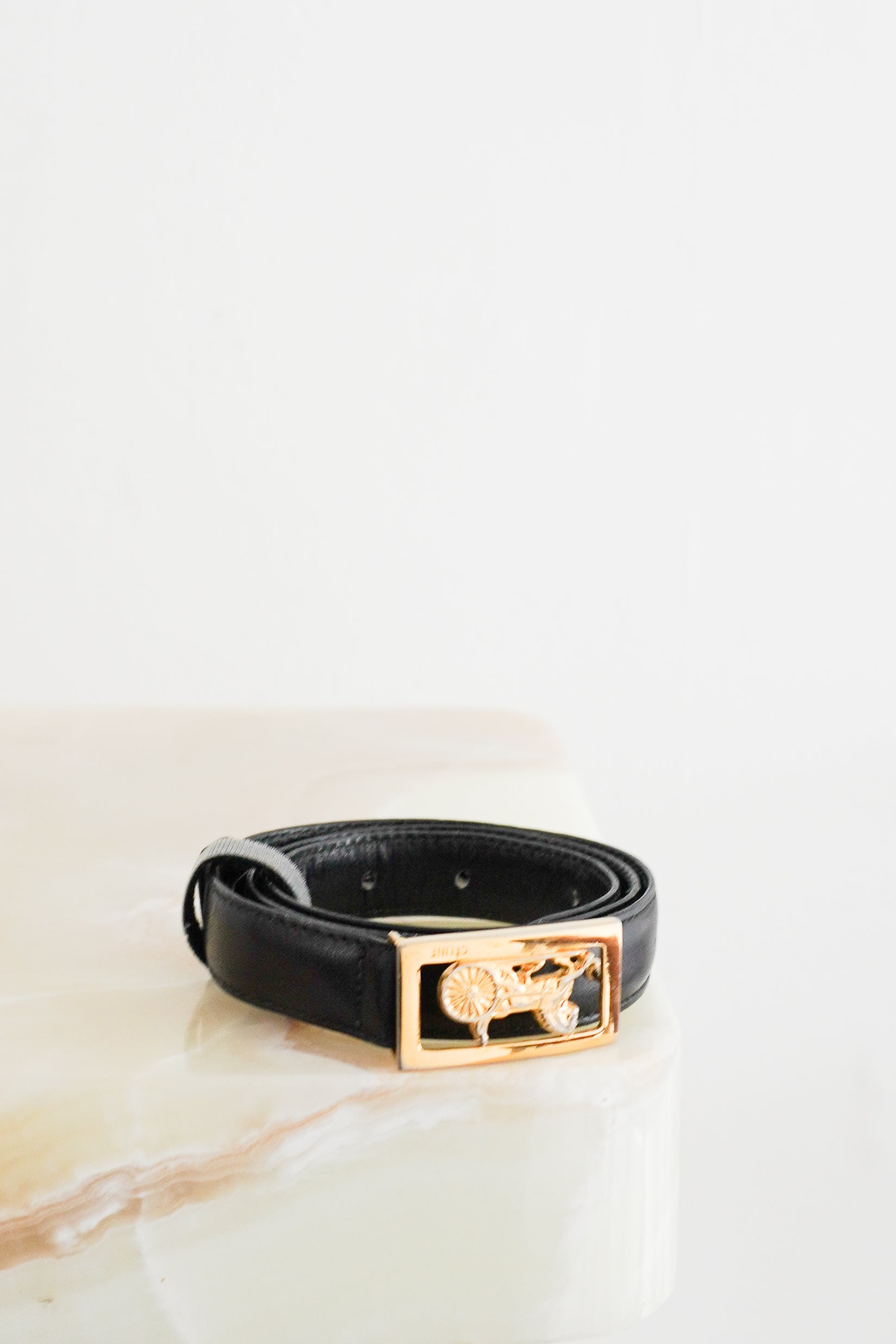 Celine Vintage Black Leather Carrosse Horse Carriage Belt 