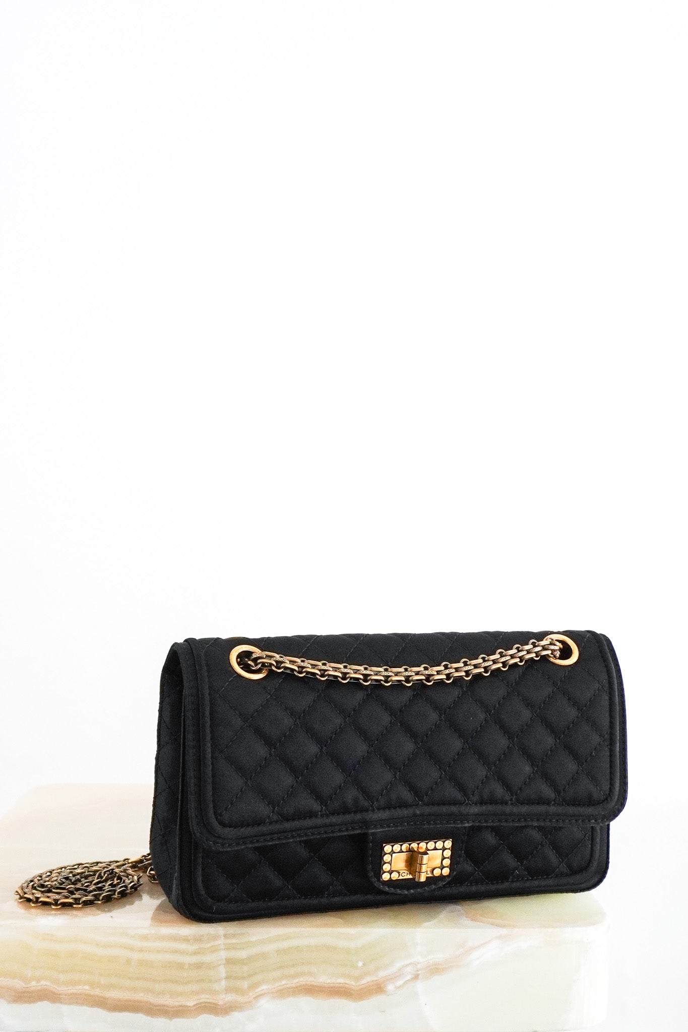 Chanel 2.55 Reissue Double Flap Bag in Black Satin with Aged Gold Hardware RRP £8850 | Authentic Preloved - Reloved Again