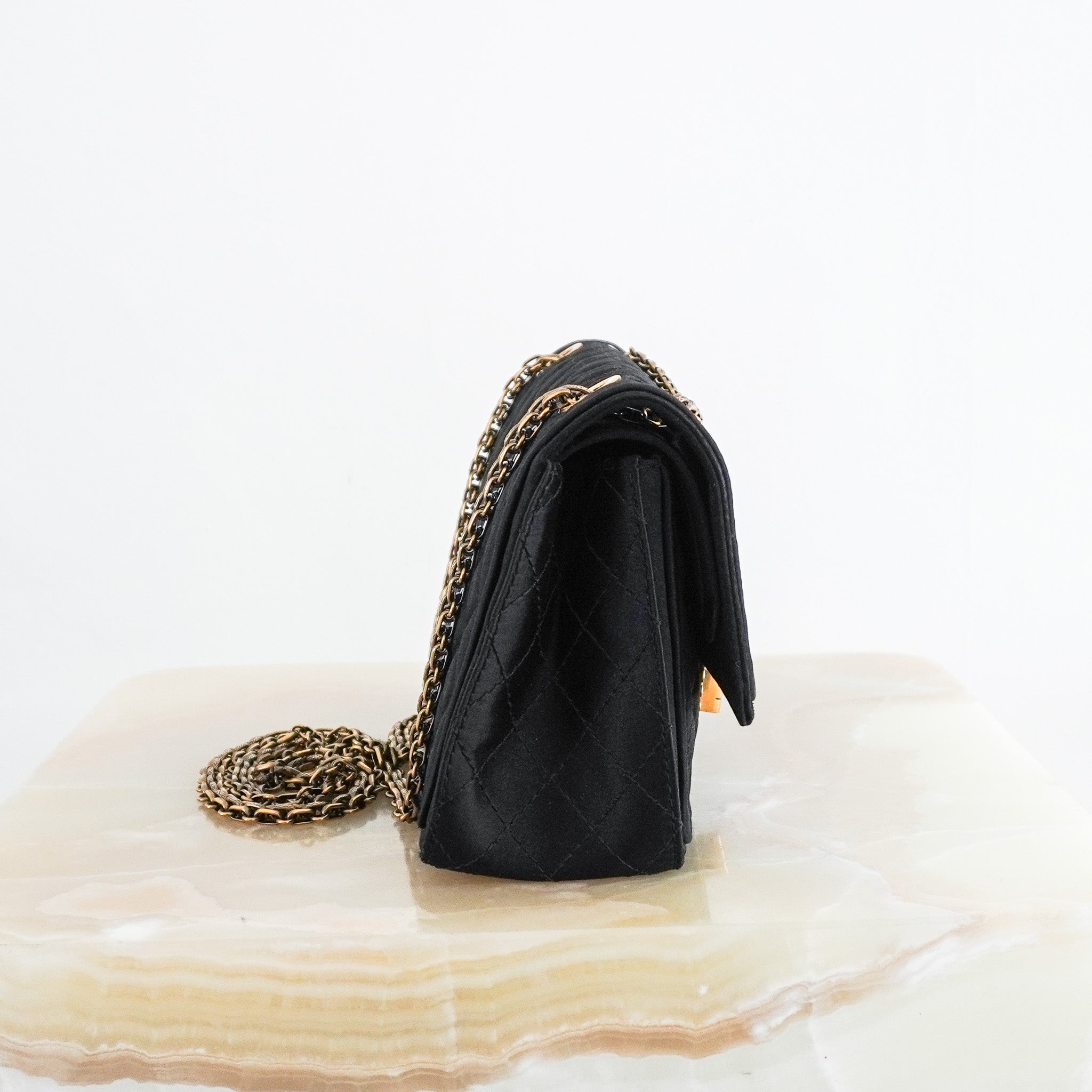 Chanel 2.55 Reissue Double Flap Bag in Black Satin with Aged Gold Hardware RRP £8850 | Authentic Preloved - Reloved Again