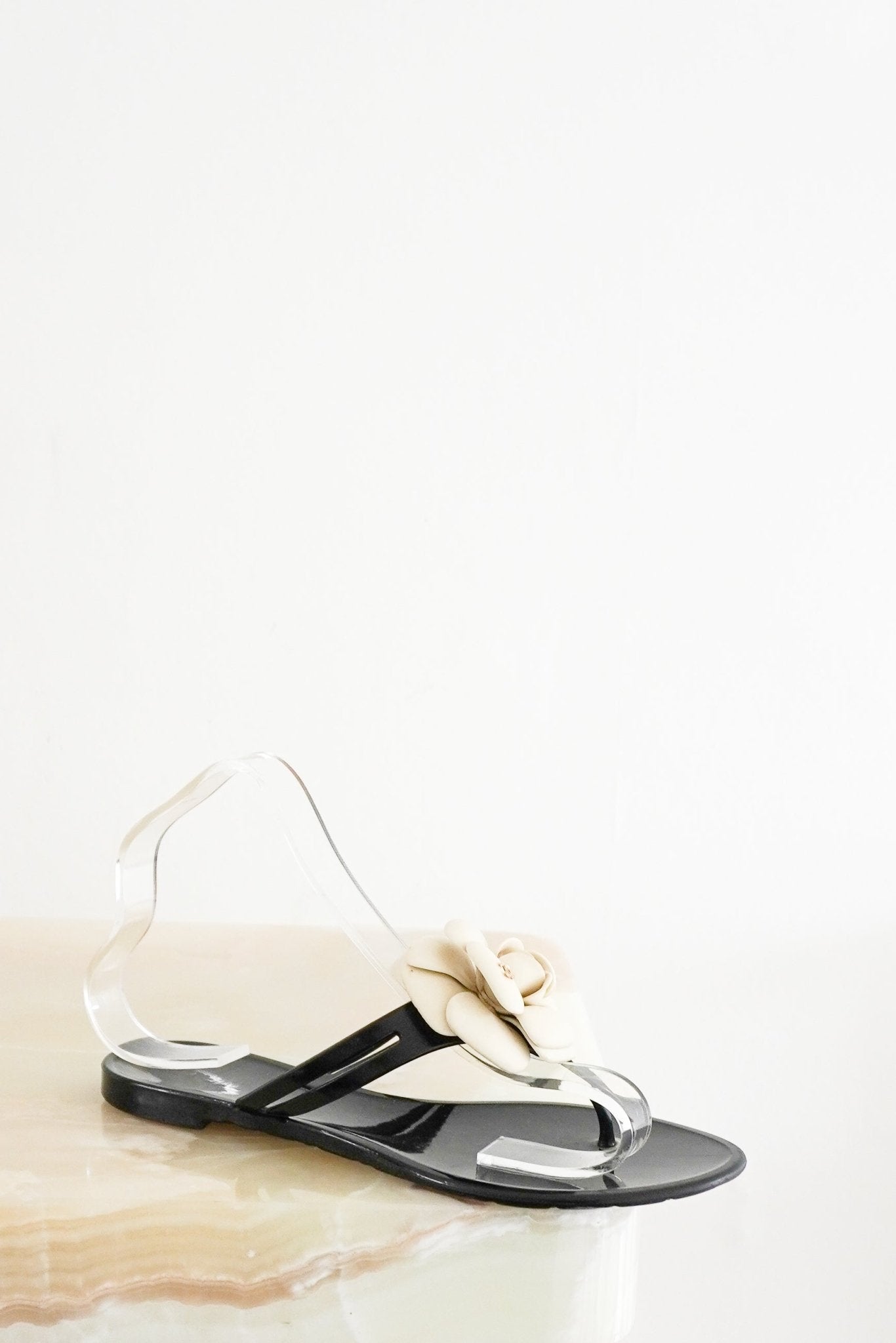 Chanel-Black-Camelia-Jelly-Sandals-front-picture-Chelsea-London