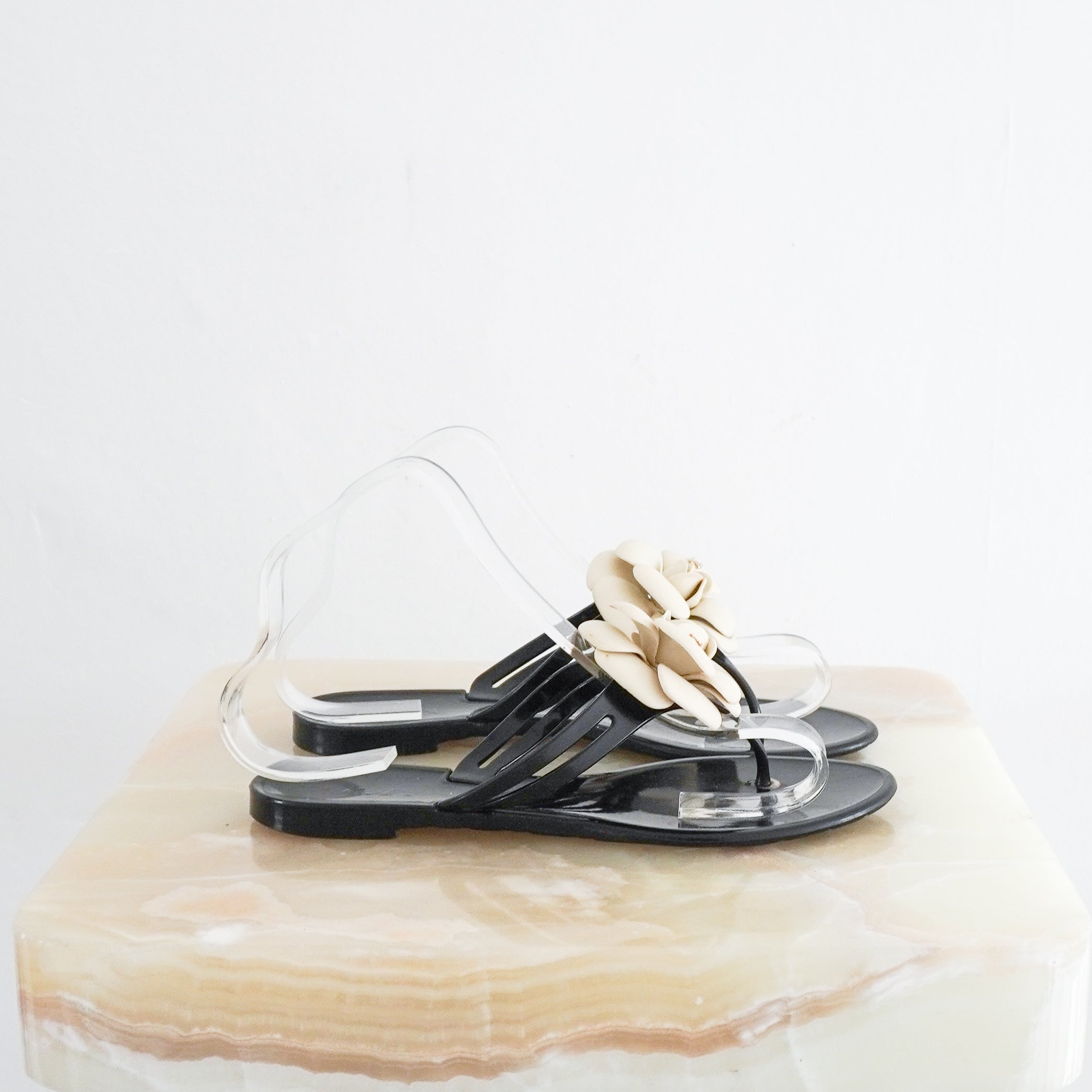 Chanel-Black-Camelia-Jelly-Sandals-side-picture-Chelsea-London
