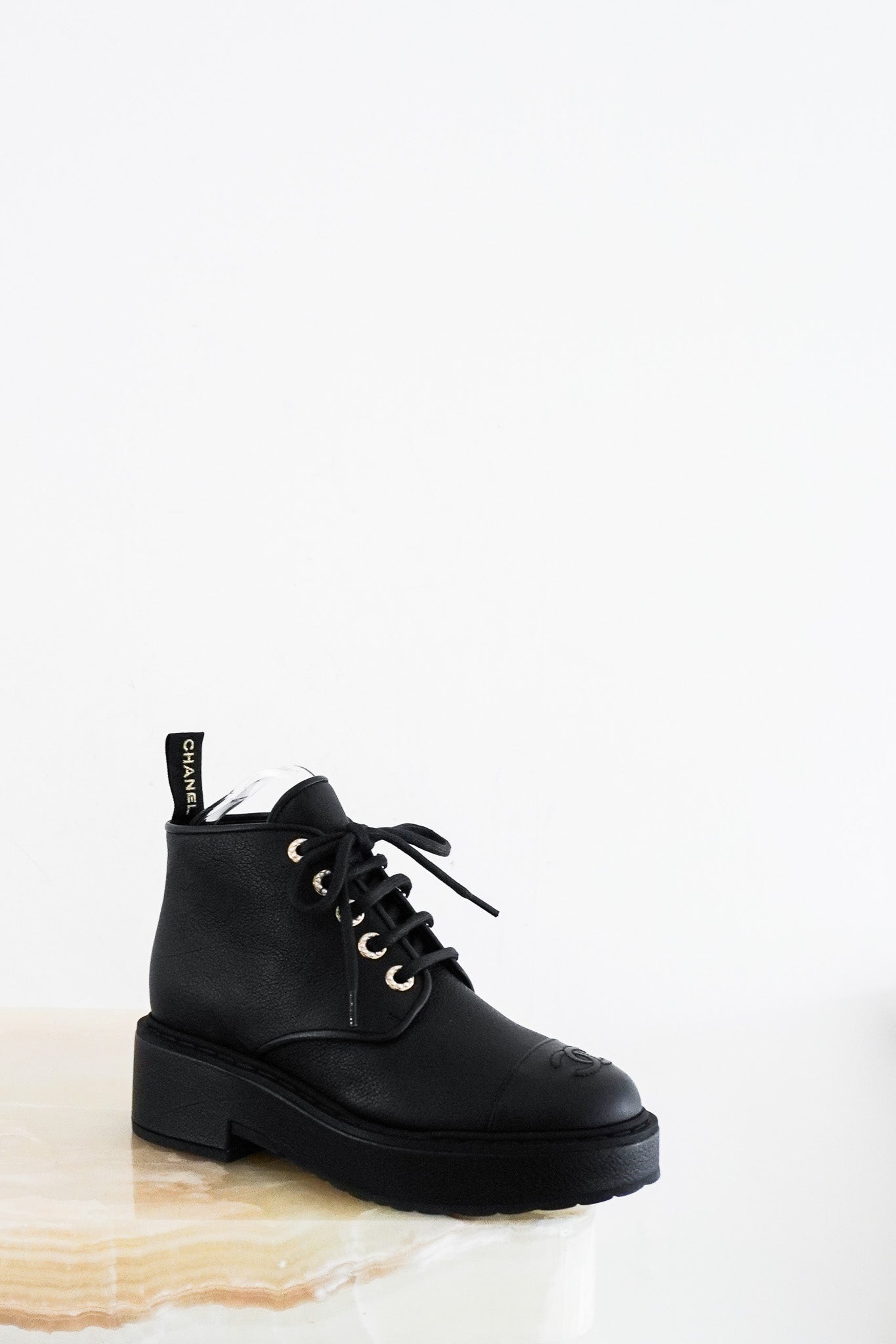 Chanel-Black-Leather-CC-Cap-Boots-front-picture-chelsea-london