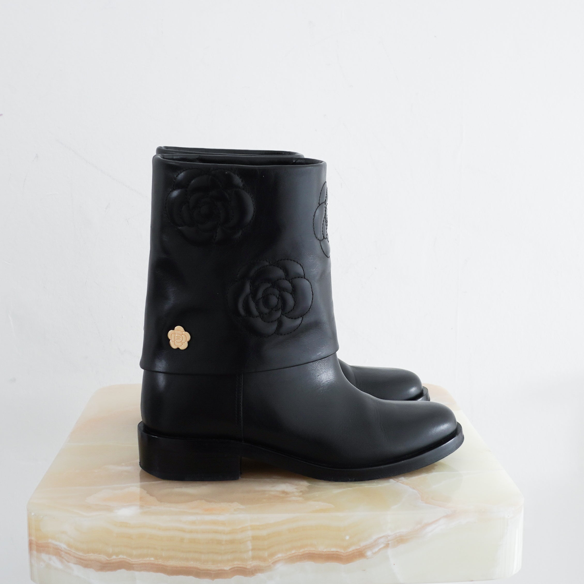 Chanel Black Leather Camelia Boots RRP £1500 | Authentic Preloved - Reloved Again