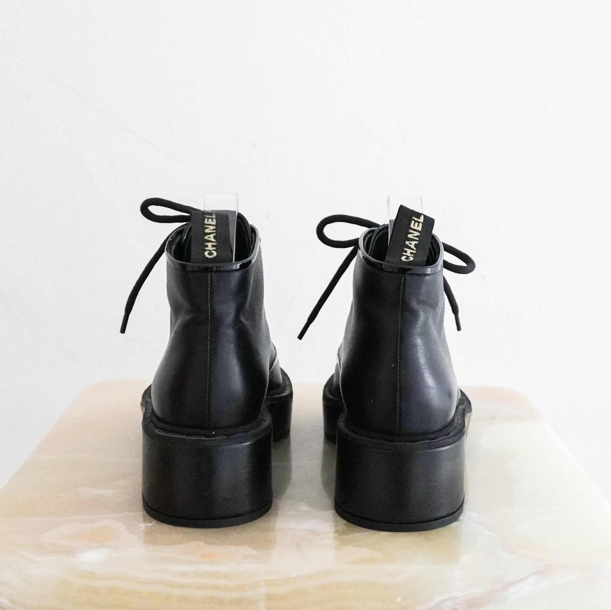 Chanel Black Leather Patent CC Cap Boots RRP £1500 | Authentic Preloved - Reloved Again