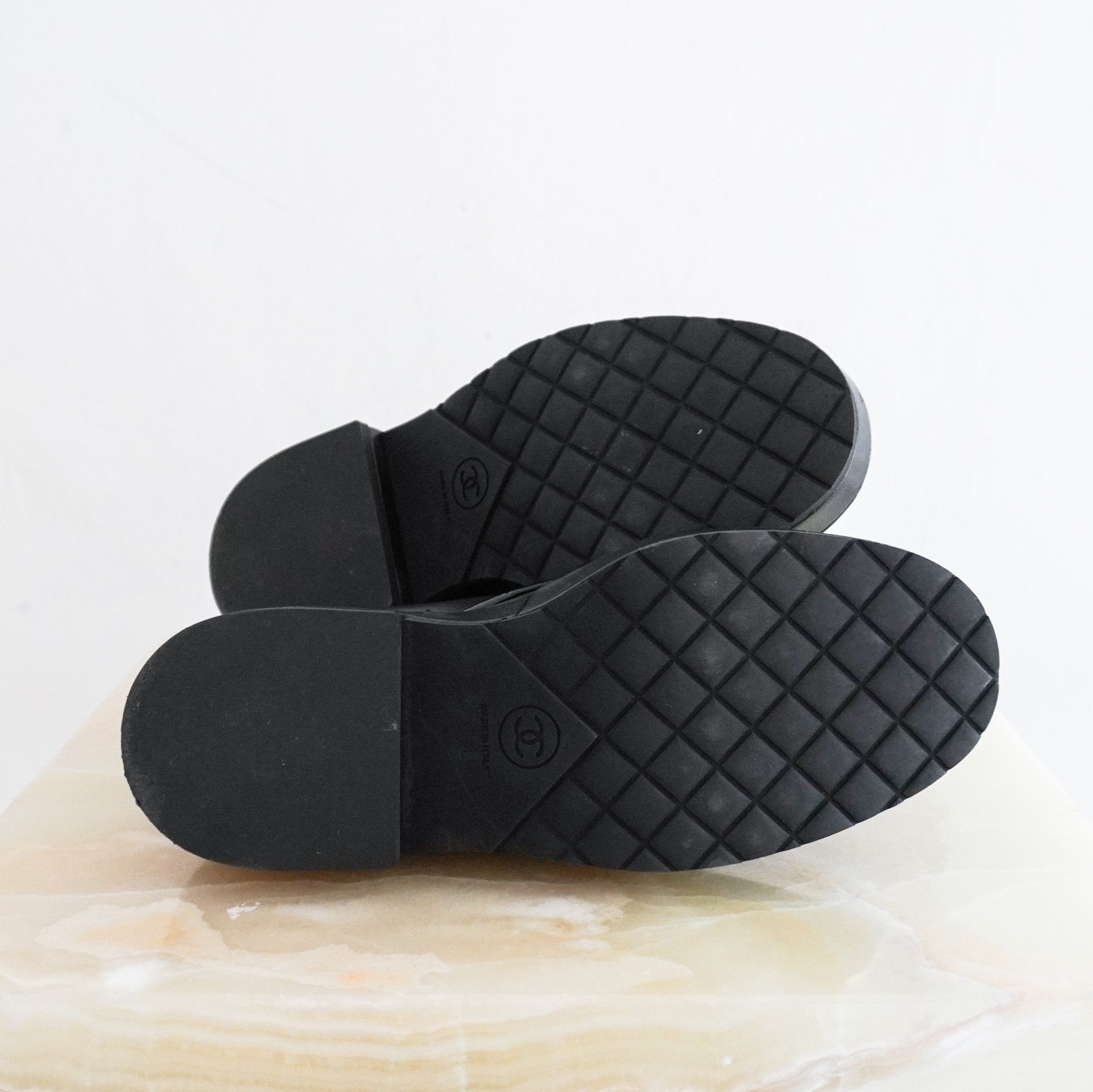 Chanel Black Leather Patent CC Cap Boots RRP £1500 | Authentic Preloved - Reloved Again