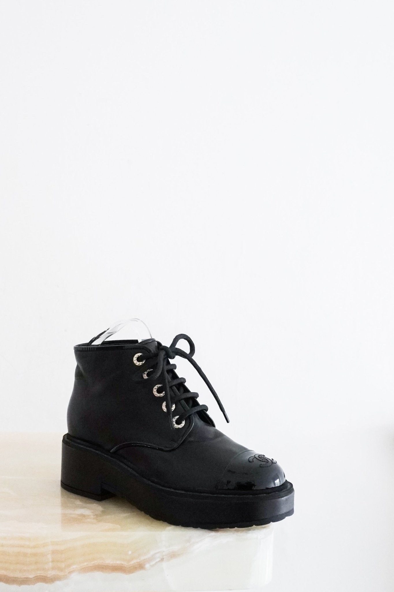 Chanel Black Leather Patent CC Cap Boots RRP £1500 | Authentic Preloved - Reloved Again