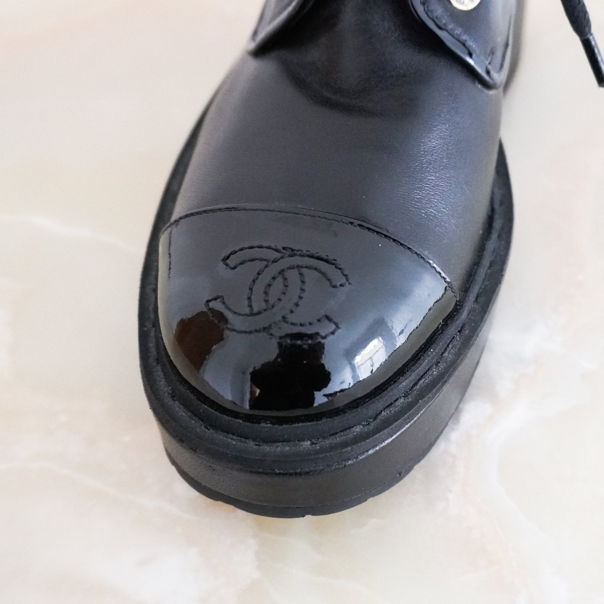 Chanel Black Leather Patent CC Cap Boots RRP £1500 | Authentic Preloved - Reloved Again