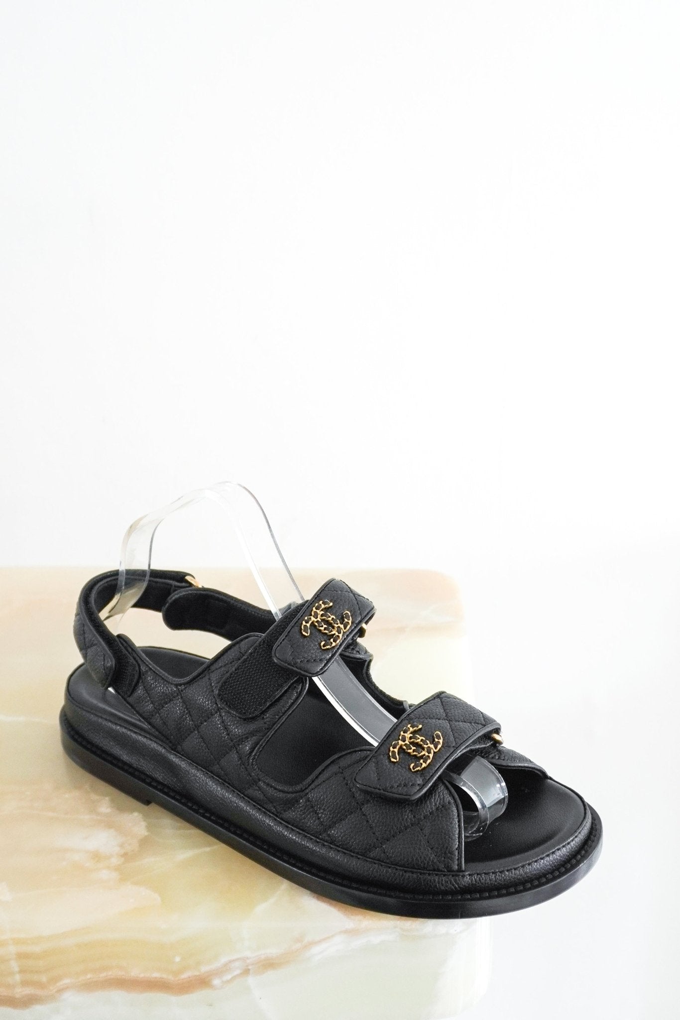 NEW Chanel Black and Gold Quilted Dad Sandals RRP £1300 | Authentic Preloved - Reloved Again