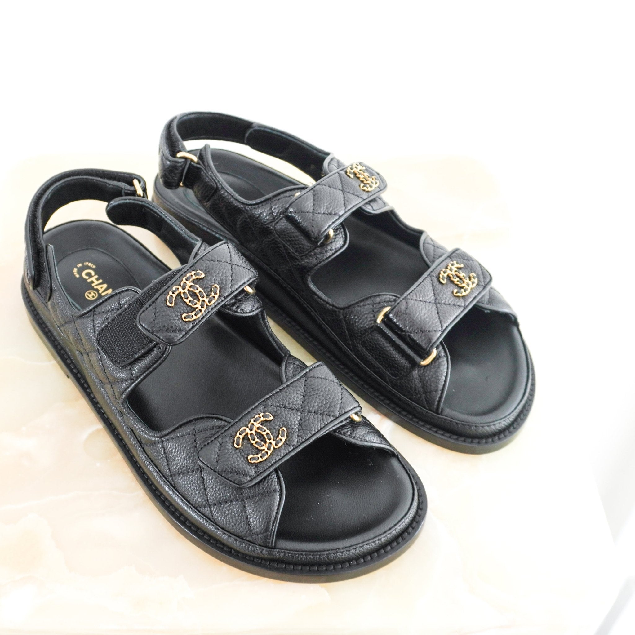 NEW Chanel Black and Gold Quilted Dad Sandals RRP £1300 | Authentic Preloved - Reloved Again
