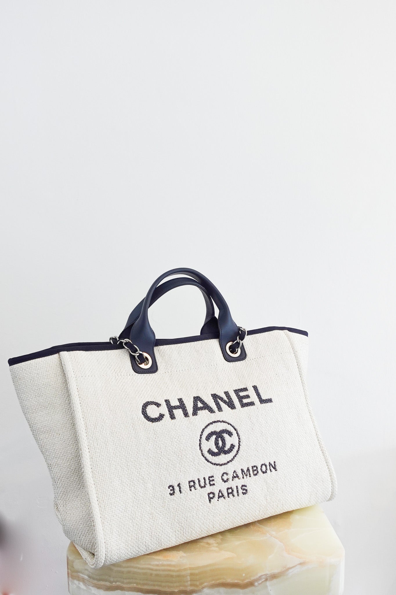 Chanel-Canvas-and-Navy-Deauville-Tote-Bag-RRP-£3800-front-photos