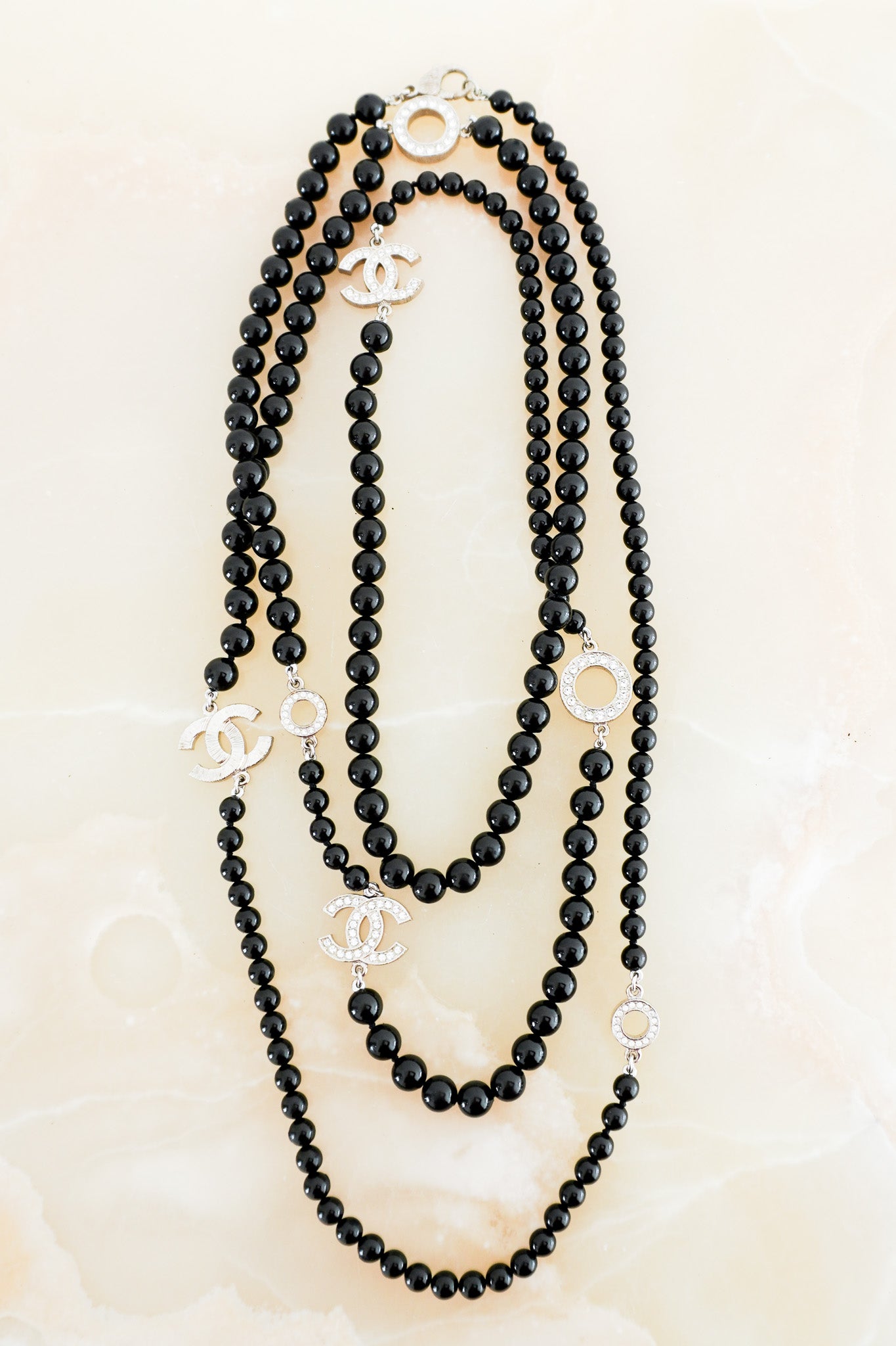 Chanel-Long-Black-Necklace-with-Applique-front-picture-chelsea-london