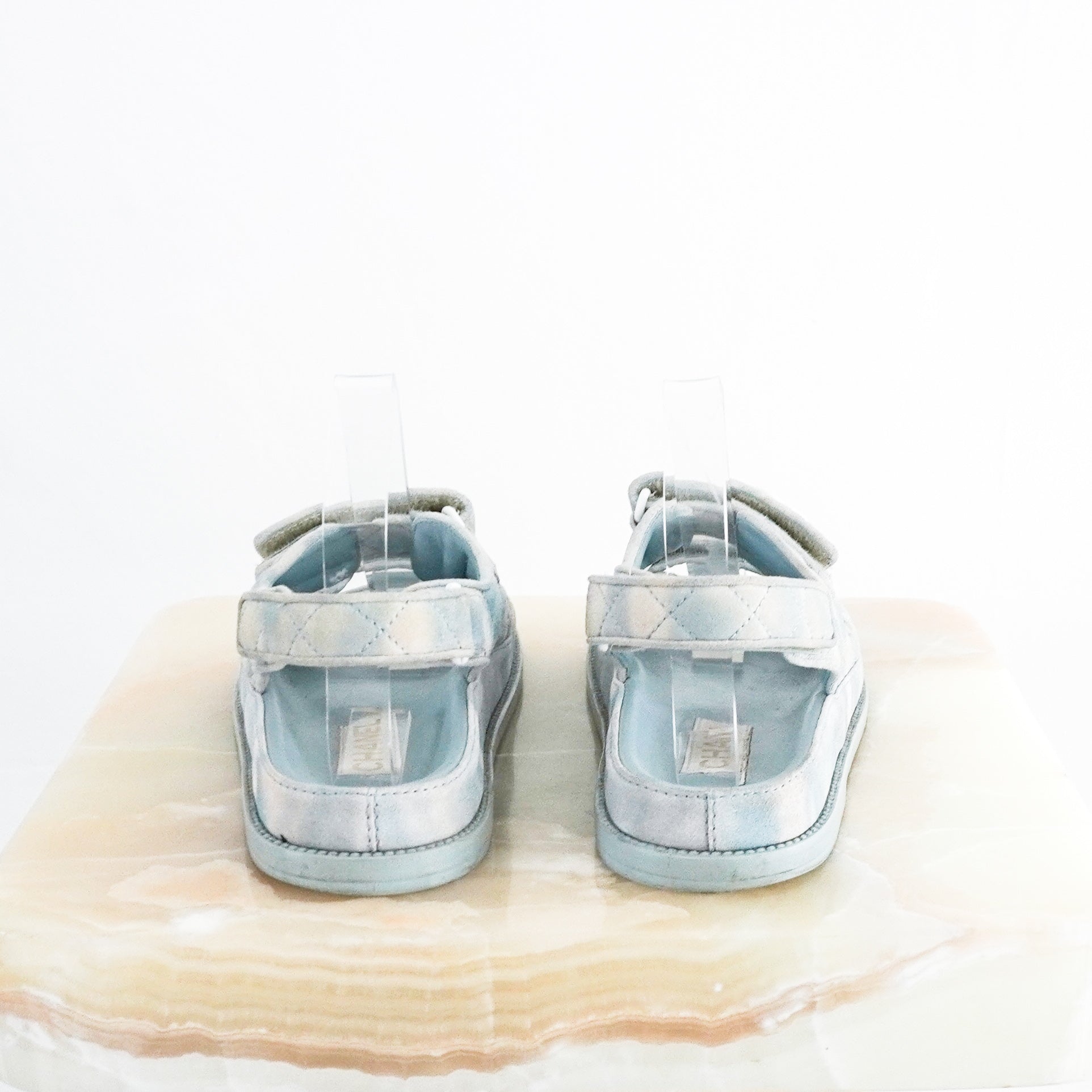 Chanel-Pastel-Blue-and-White-Quilted-Dad-Sandals-back-picture-Chelsea-London