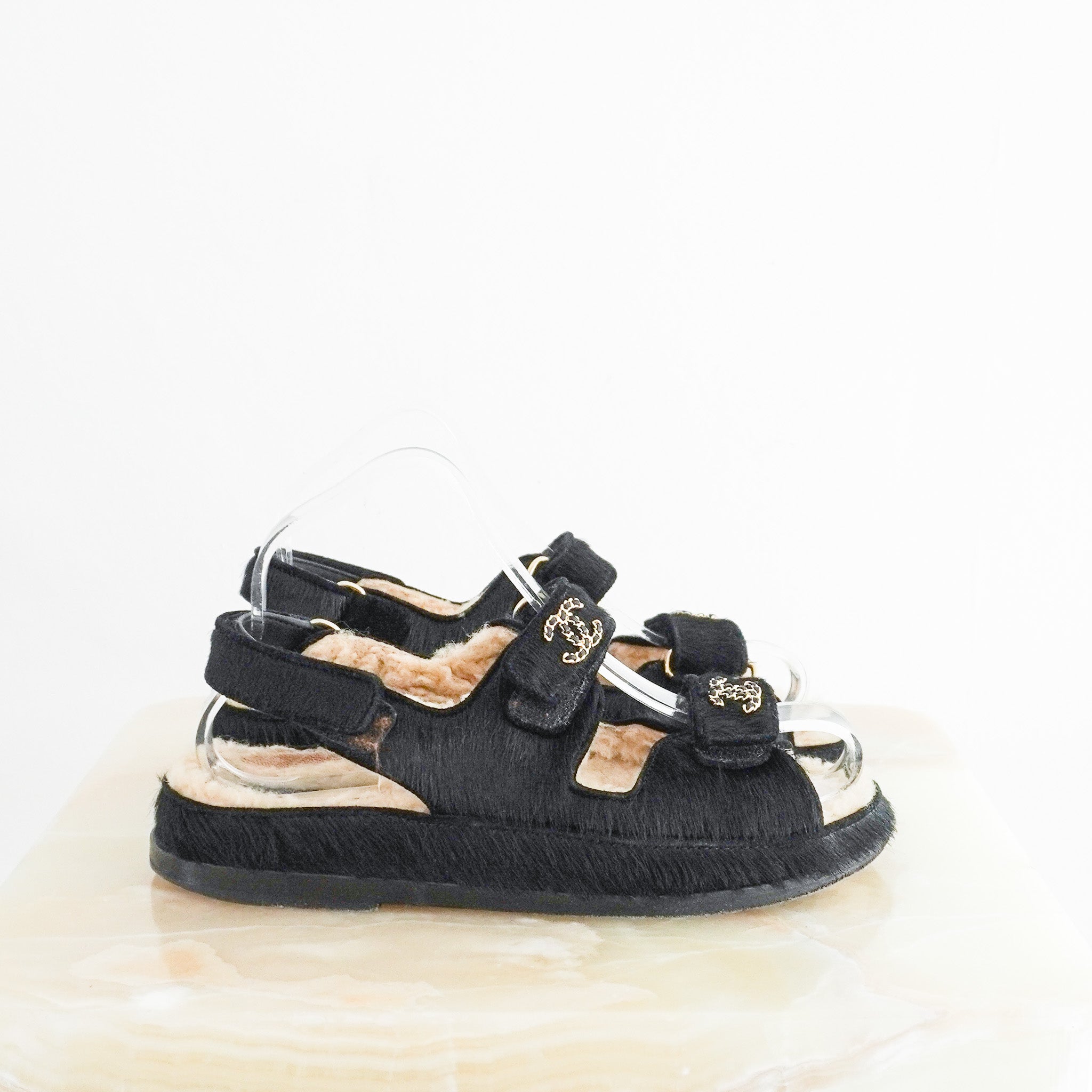 Chanel-Pony-Hair-and-Sheepskin-Dad-Sandals-Side-Picture